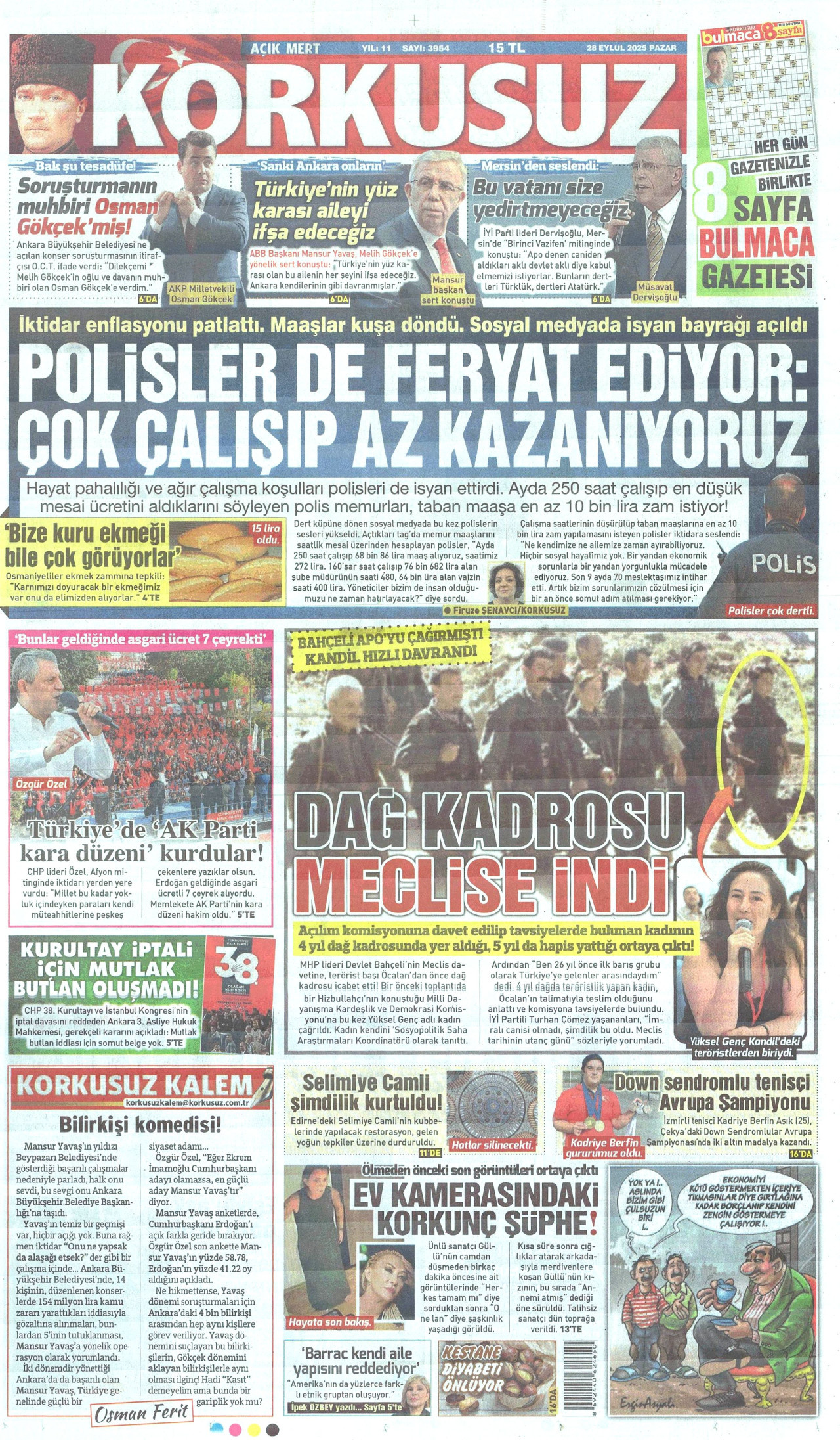 KORKUSUZ gazetesinin 28 Eylül 2025 tarihli birinci sayfası