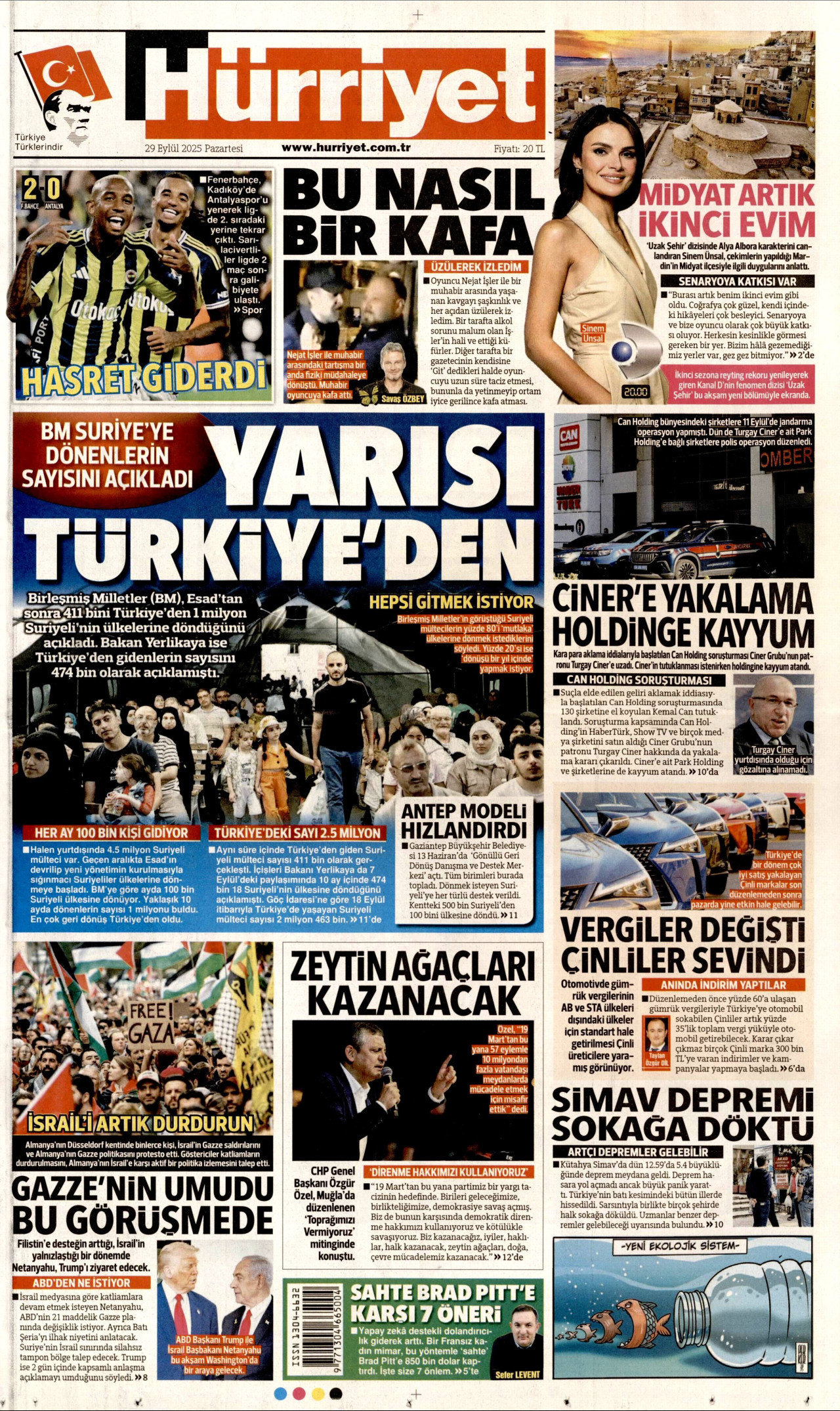 HÜRRİYET gazetesinin 29 Eylül 2025 tarihli birinci sayfası