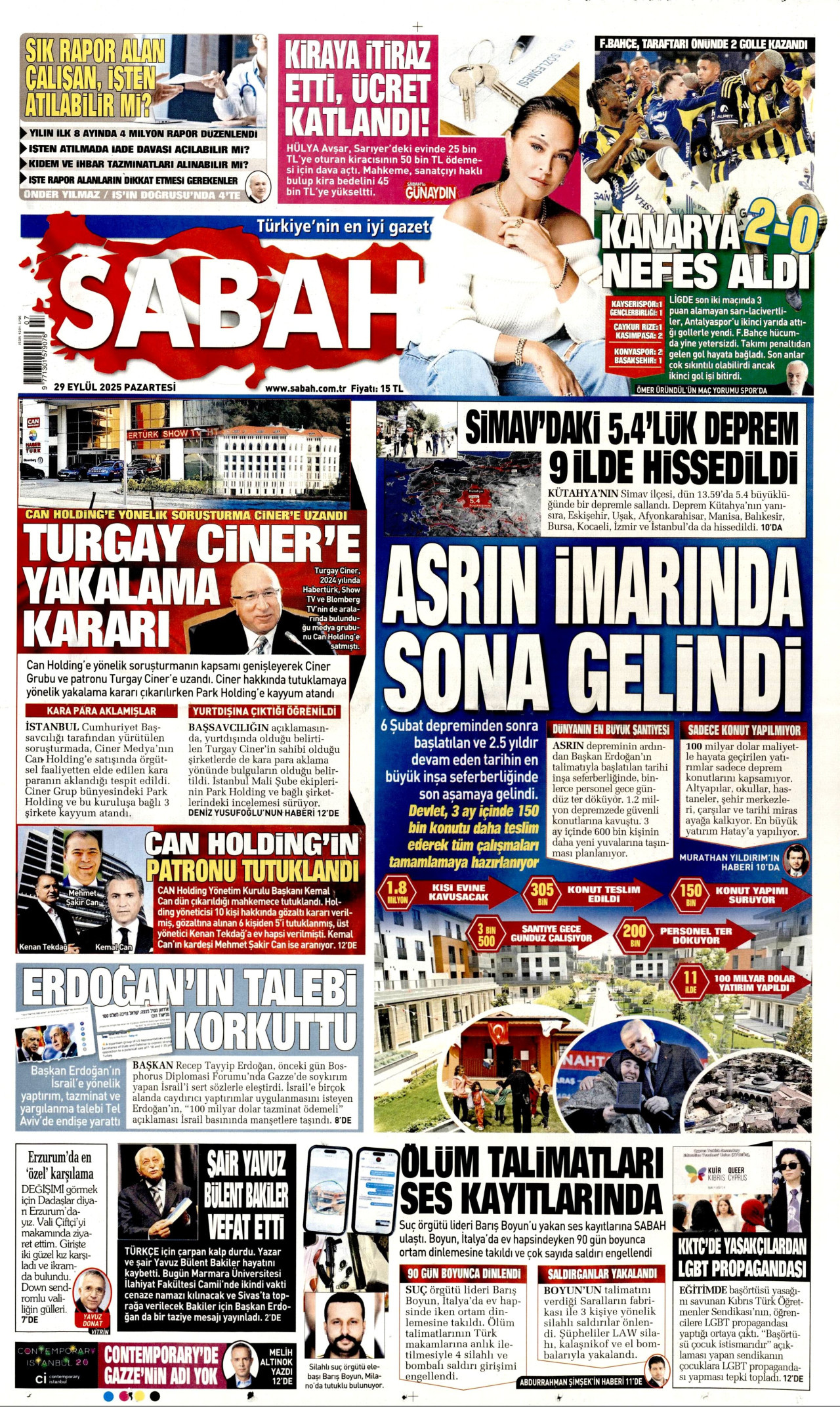 SABAH gazetesinin 29 Eylül 2025 tarihli birinci sayfası