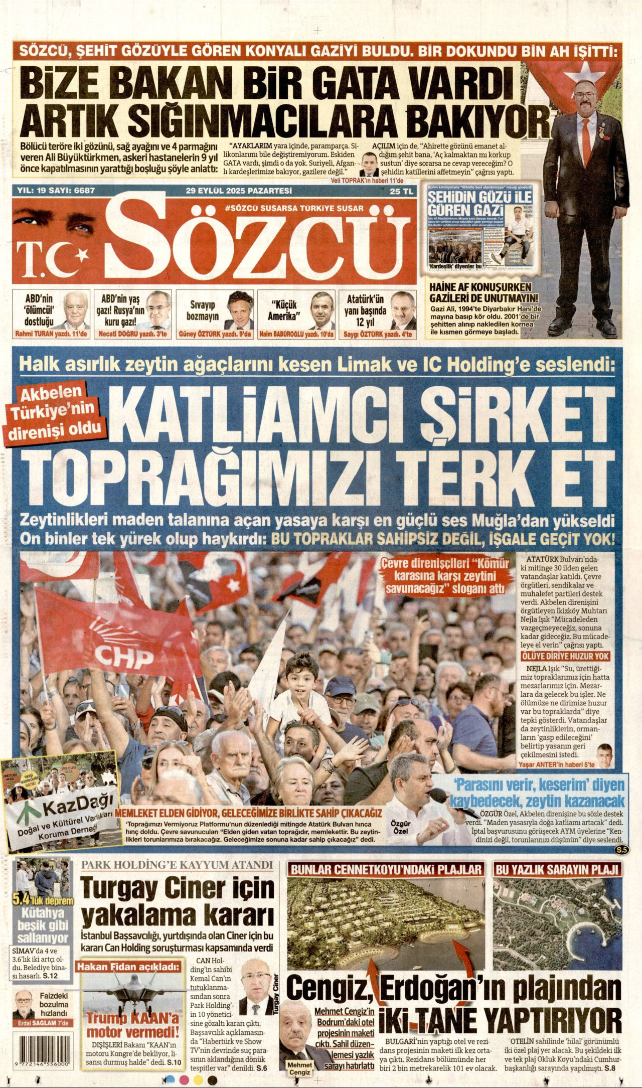 SÖZCÜ gazetesinin 29 Eylül 2025 tarihli birinci sayfası
