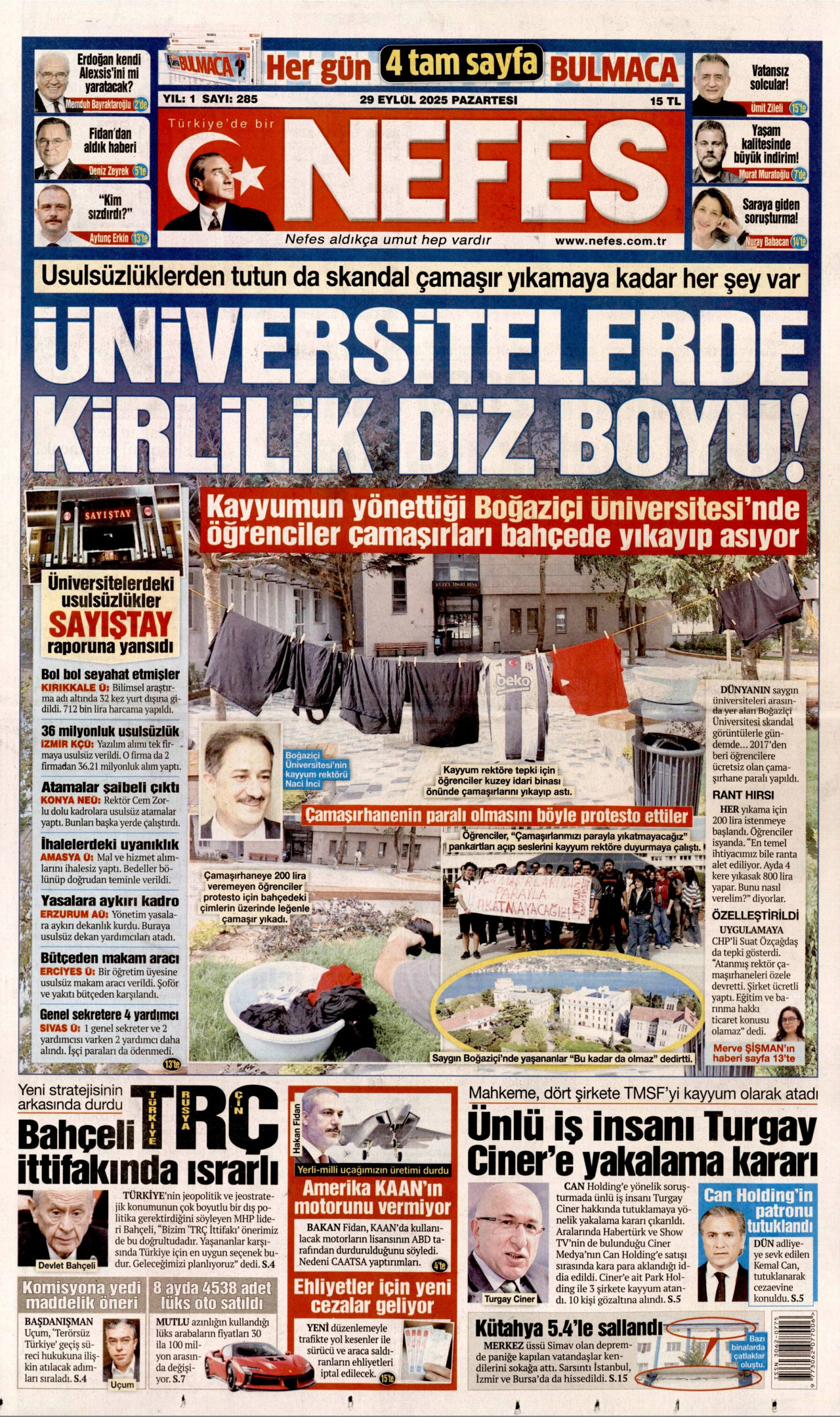 NEFES gazetesinin 29 Eylül 2025 tarihli birinci sayfası
