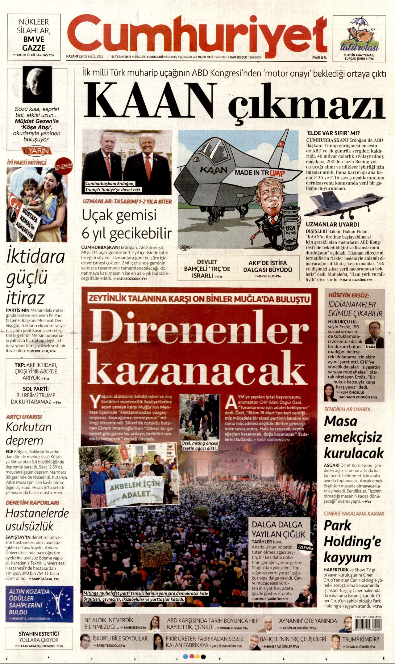 CUMHURİYET gazetesinin 29 Eylül 2025 tarihli birinci sayfası
