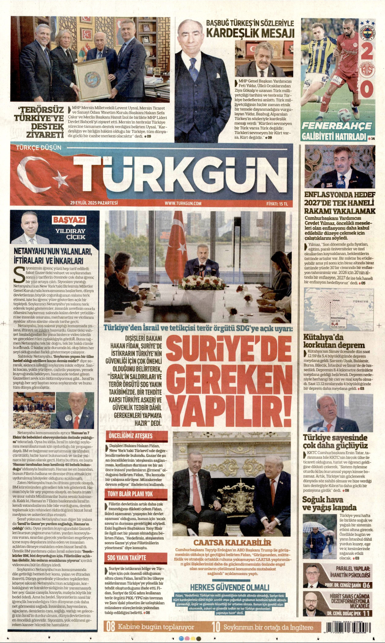 TÜRKGÜN gazetesinin 29 Eylül 2025 tarihli birinci sayfası