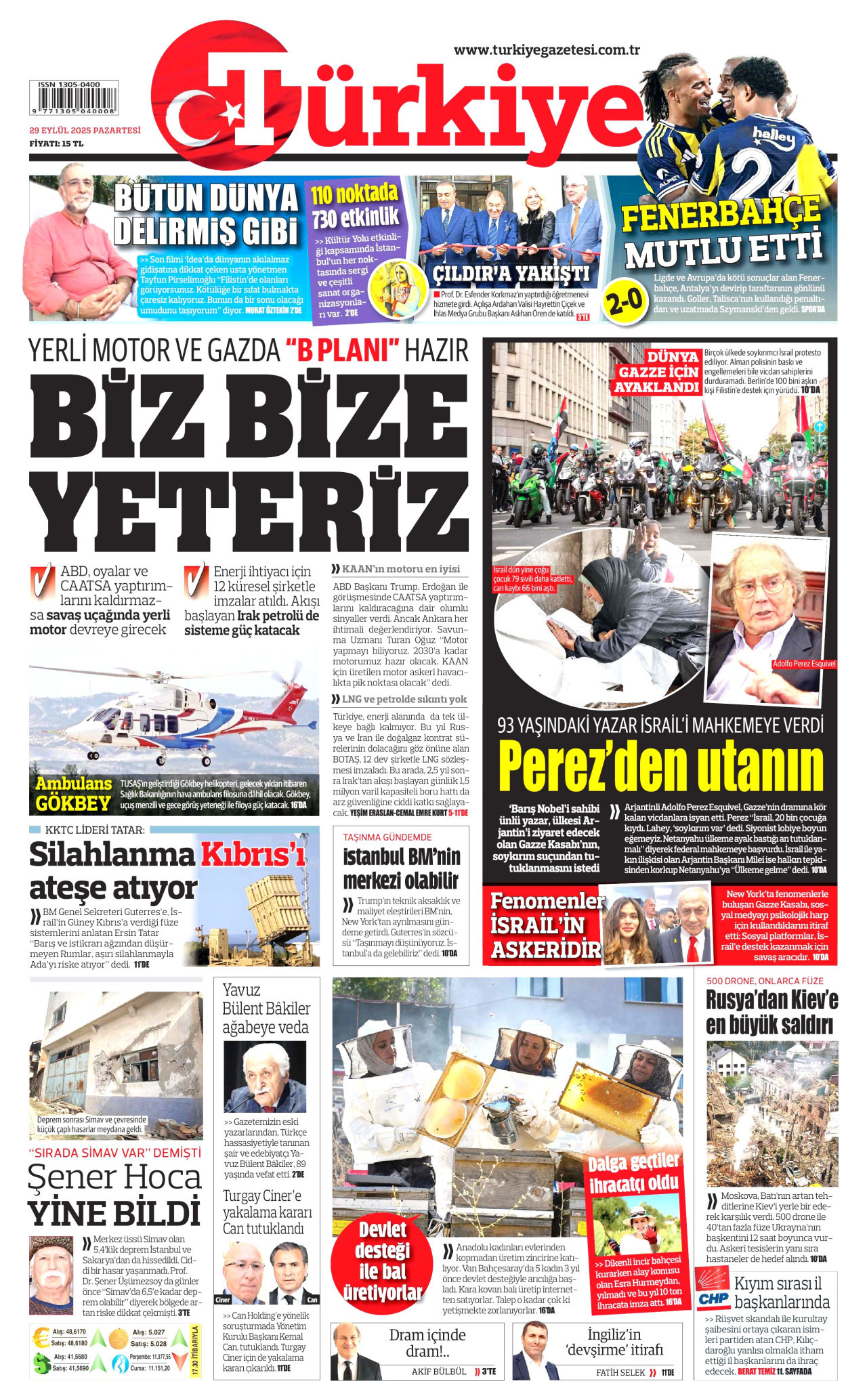 TÜRKİYE GAZETESİ gazetesinin 29 Eylül 2025 tarihli birinci sayfası