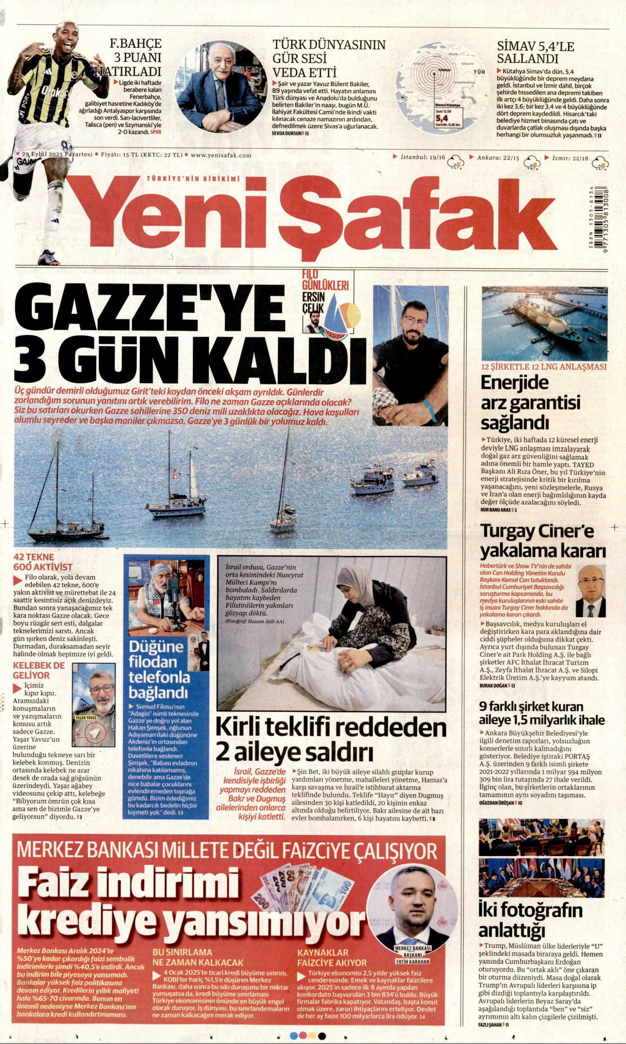 YENİ ŞAFAK gazetesinin 29 Eylül 2025 tarihli birinci sayfası