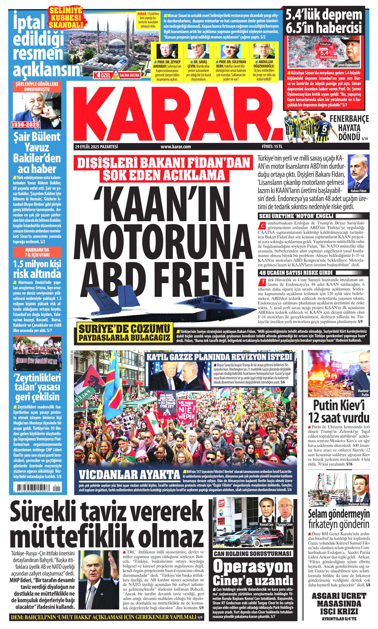 KARAR gazetesinin 29 Eylül 2025 tarihli birinci sayfası