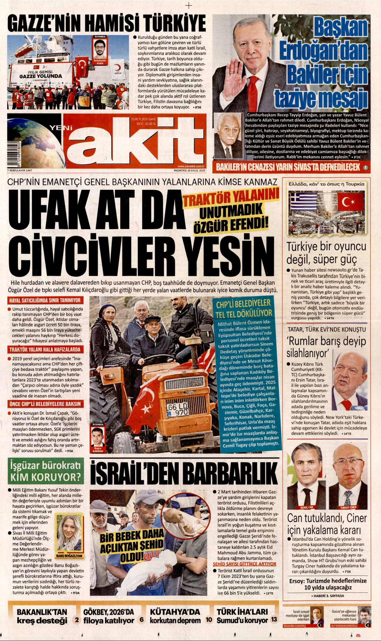 YENİ AKİT gazetesinin 29 Eylül 2025 tarihli birinci sayfası