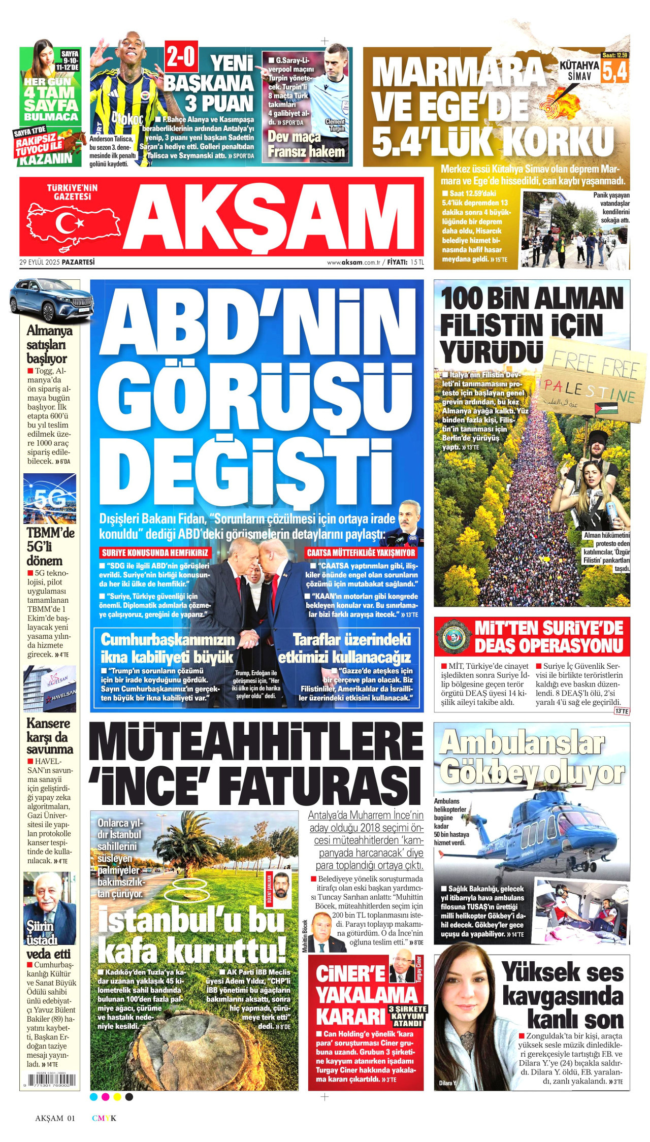 AKŞAM gazetesinin 29 Eylül 2025 tarihli birinci sayfası