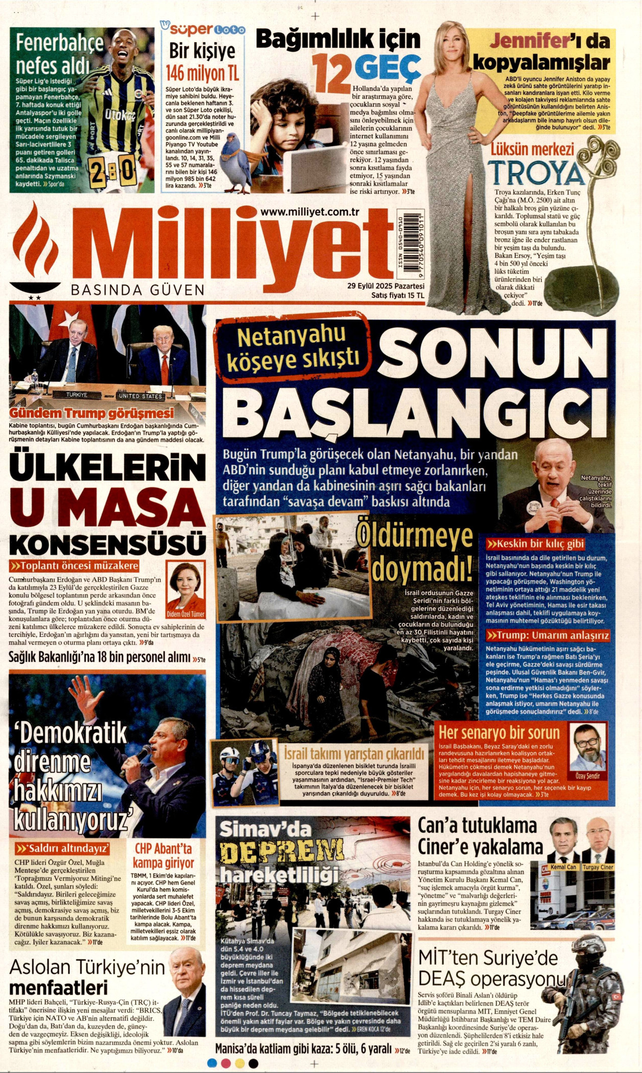 MİLLİYET gazetesinin 29 Eylül 2025 tarihli birinci sayfası