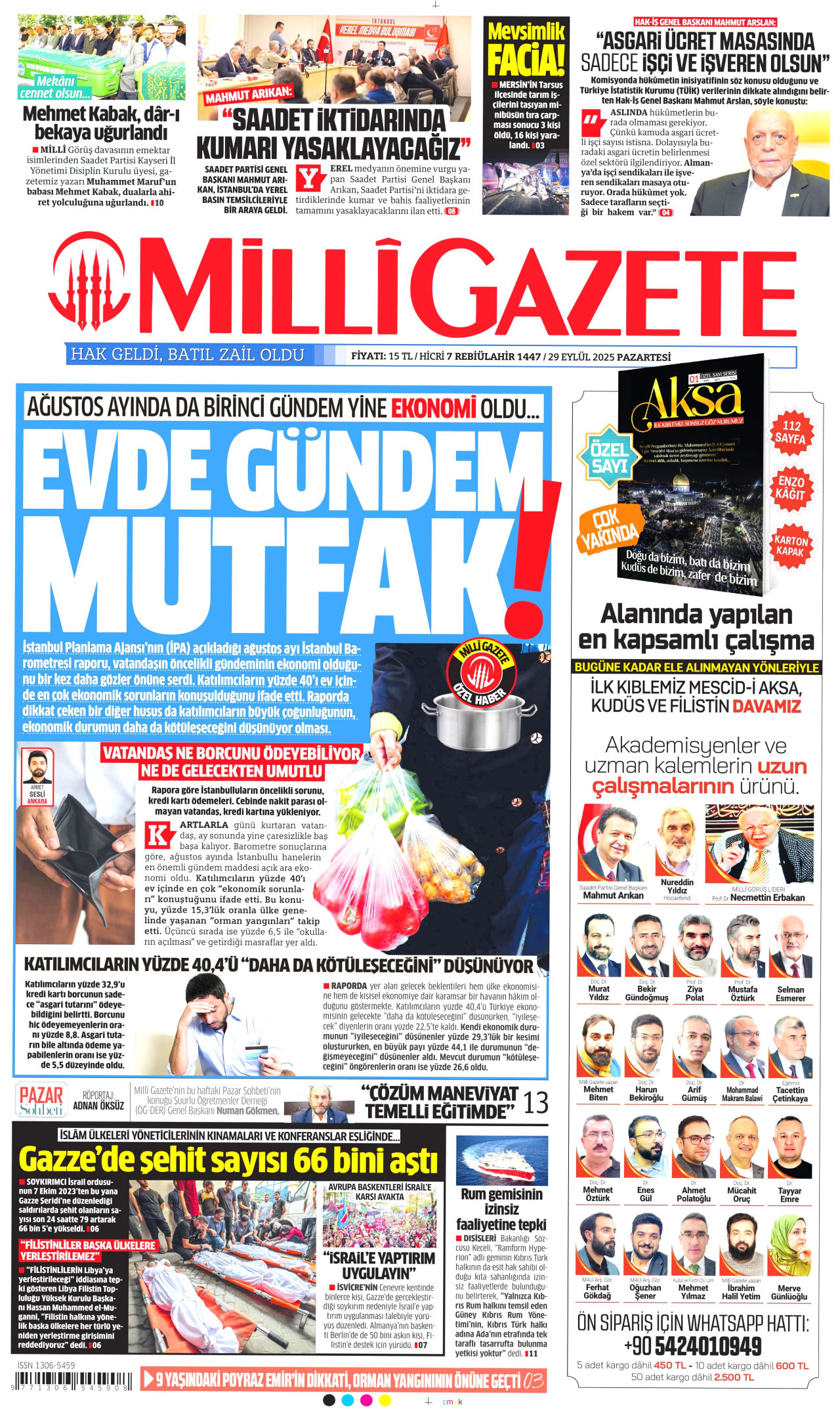 MİLLİ GAZETE gazetesinin 29 Eylül 2025 tarihli birinci sayfası