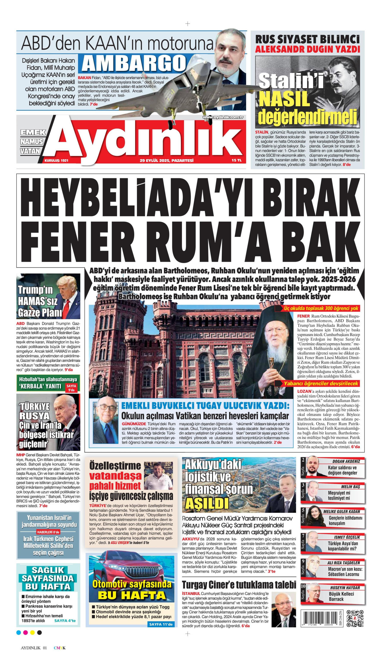 AYDINLIK GAZETESİ gazetesinin 29 Eylül 2025 tarihli birinci sayfası