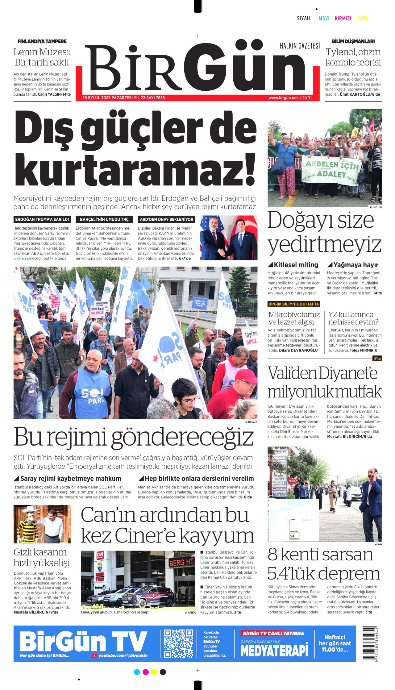 BİRGÜN gazetesinin 29 Eylül 2025 tarihli birinci sayfası