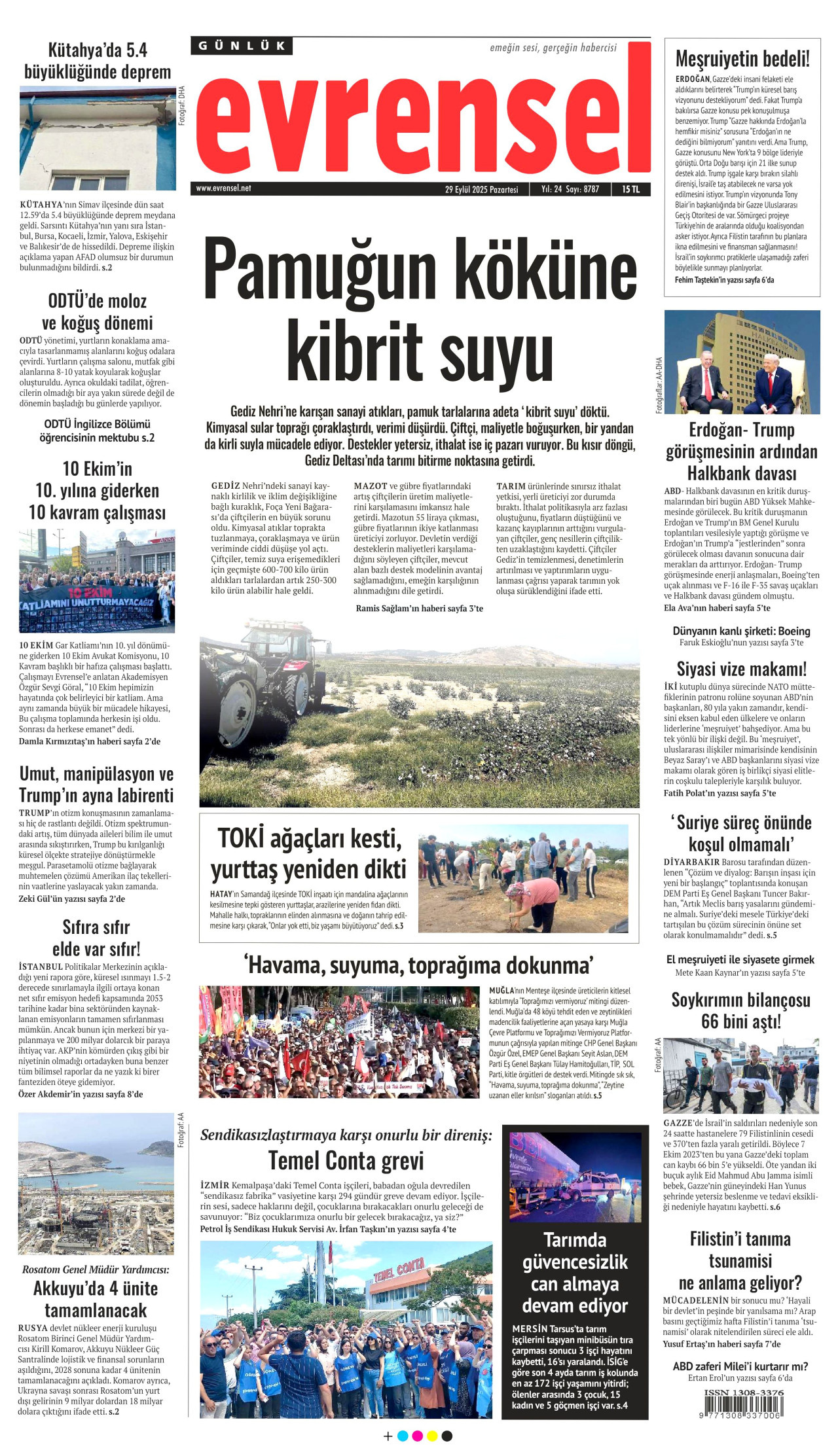 EVRENSEL gazetesinin 29 Eylül 2025 tarihli birinci sayfası