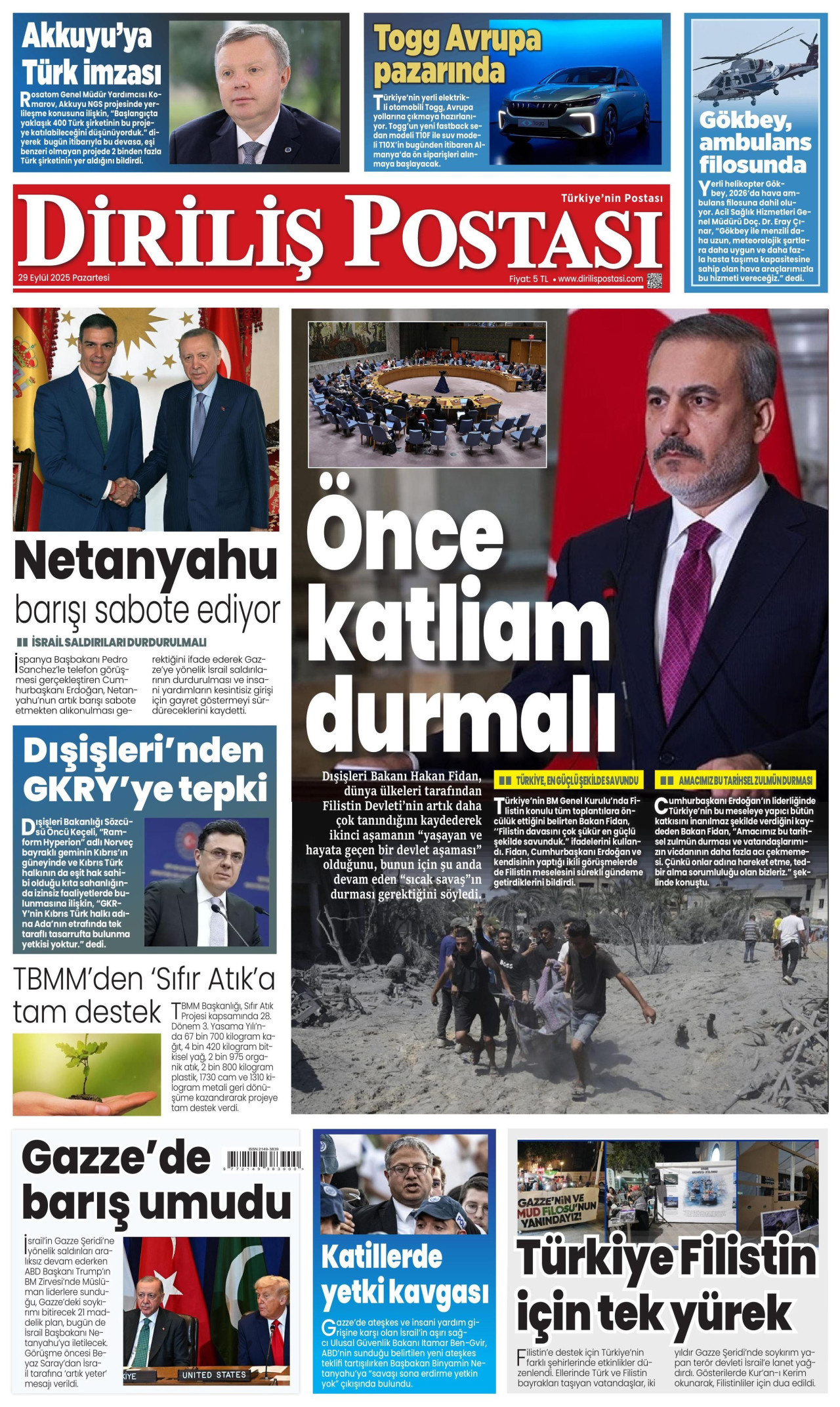 DİRİLİŞ POSTASI gazetesinin 29 Eylül 2025 tarihli birinci sayfası