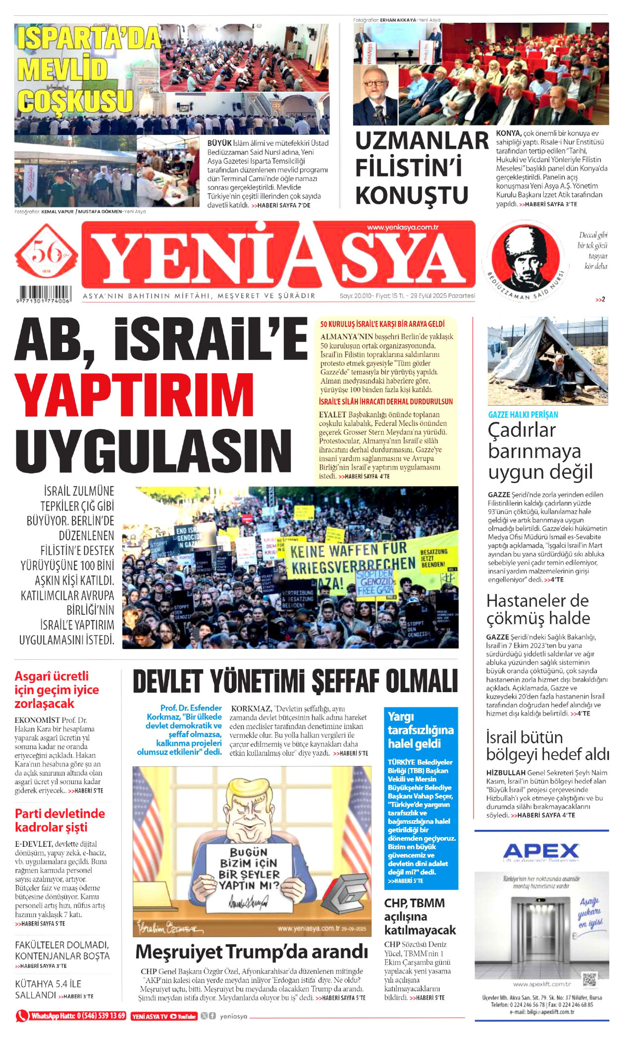 YENİ ASYA gazetesinin 29 Eylül 2025 tarihli birinci sayfası