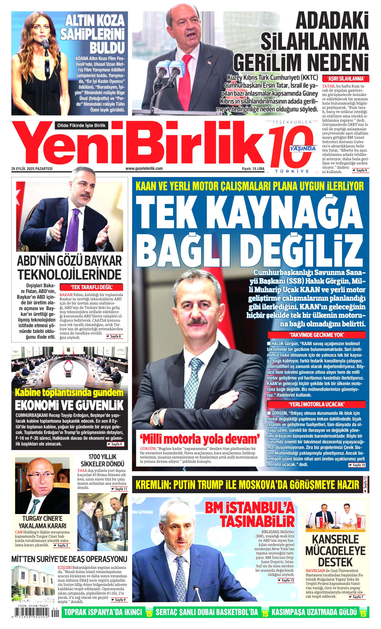 YENİBİRLİK gazetesinin 29 Eylül 2025 tarihli birinci sayfası