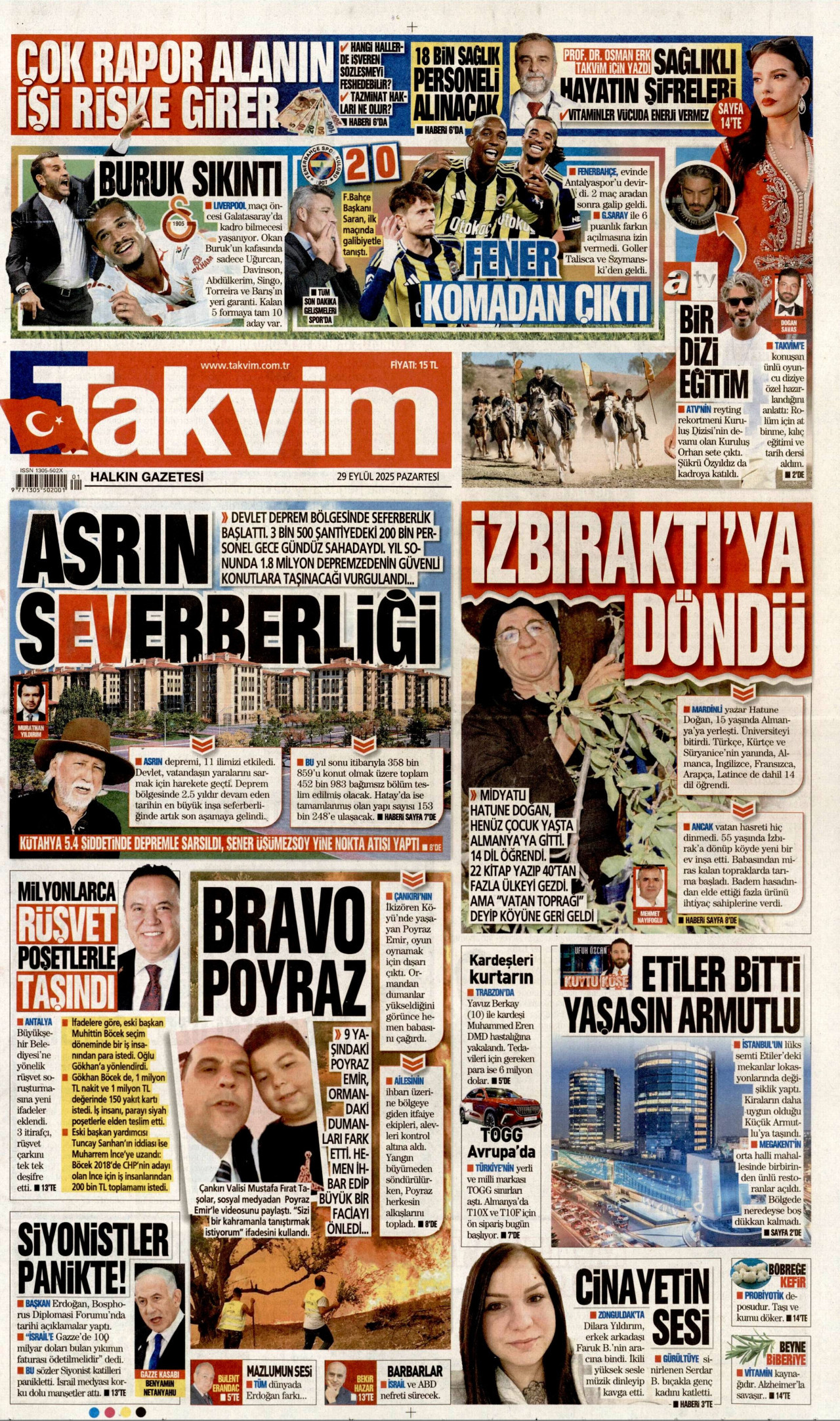 TAKVİM gazetesinin 29 Eylül 2025 tarihli birinci sayfası