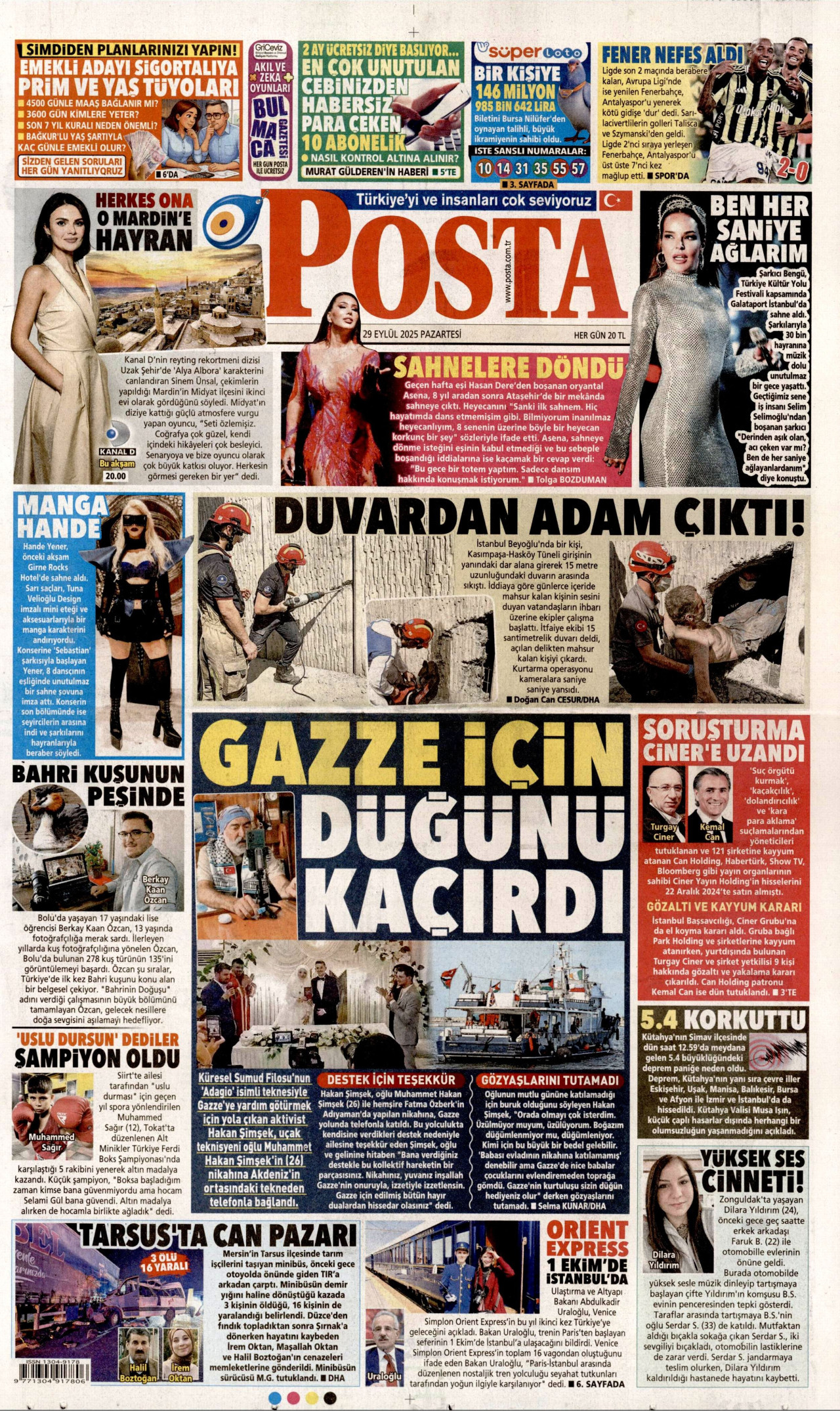 POSTA gazetesinin 29 Eylül 2025 tarihli birinci sayfası