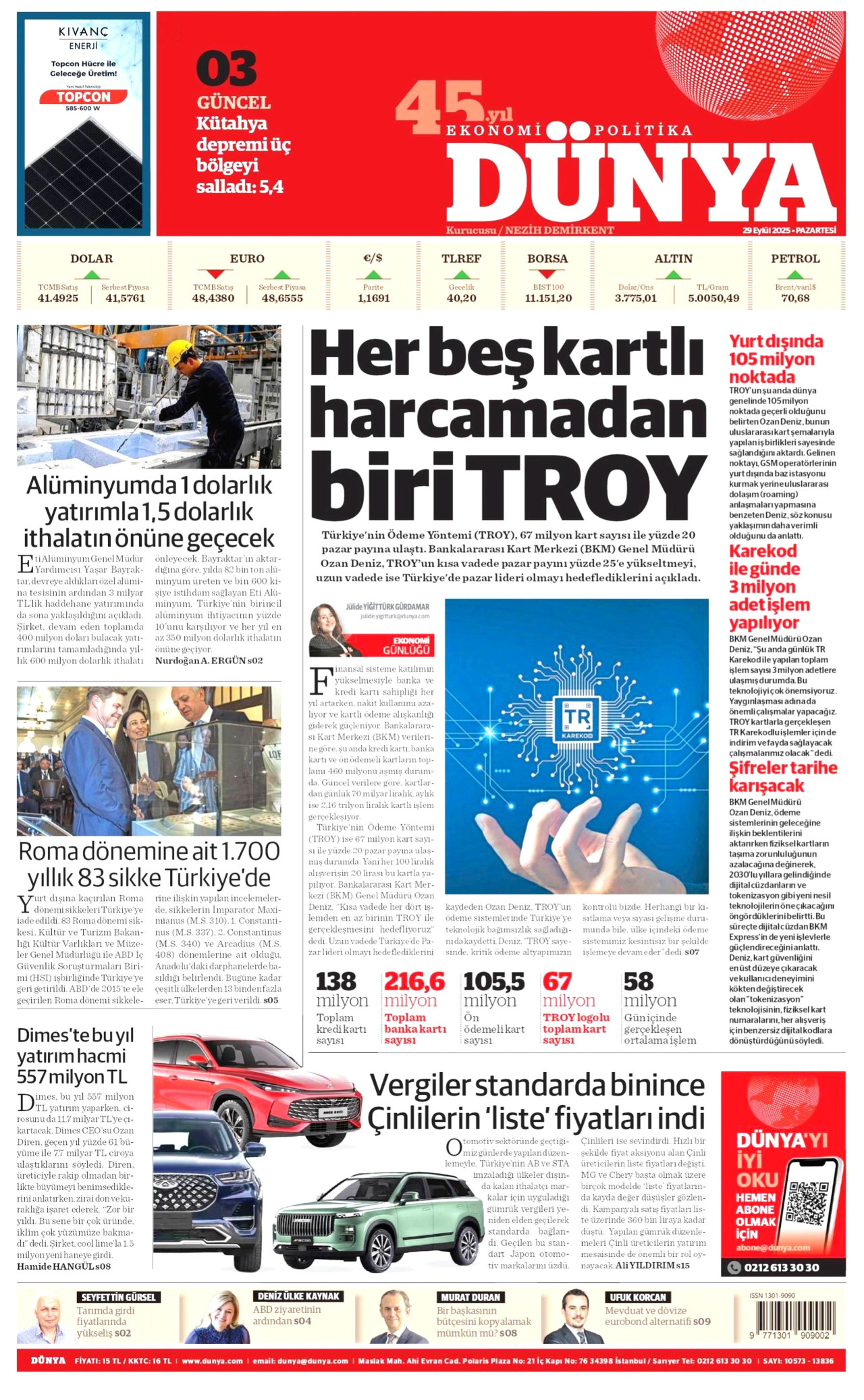 DÜNYA gazetesinin 29 Eylül 2025 tarihli birinci sayfası