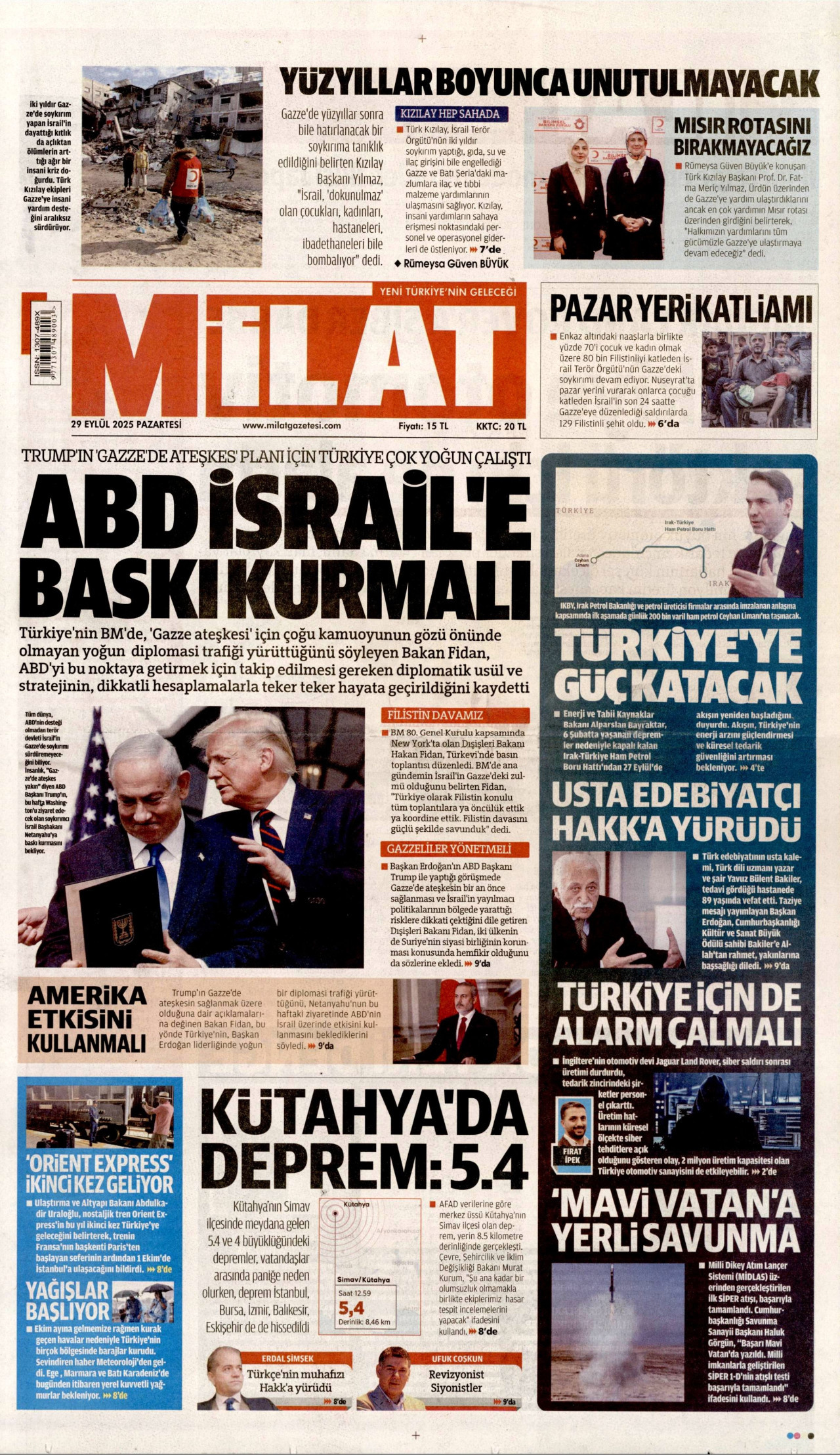 MİLAT gazetesinin 29 Eylül 2025 tarihli birinci sayfası