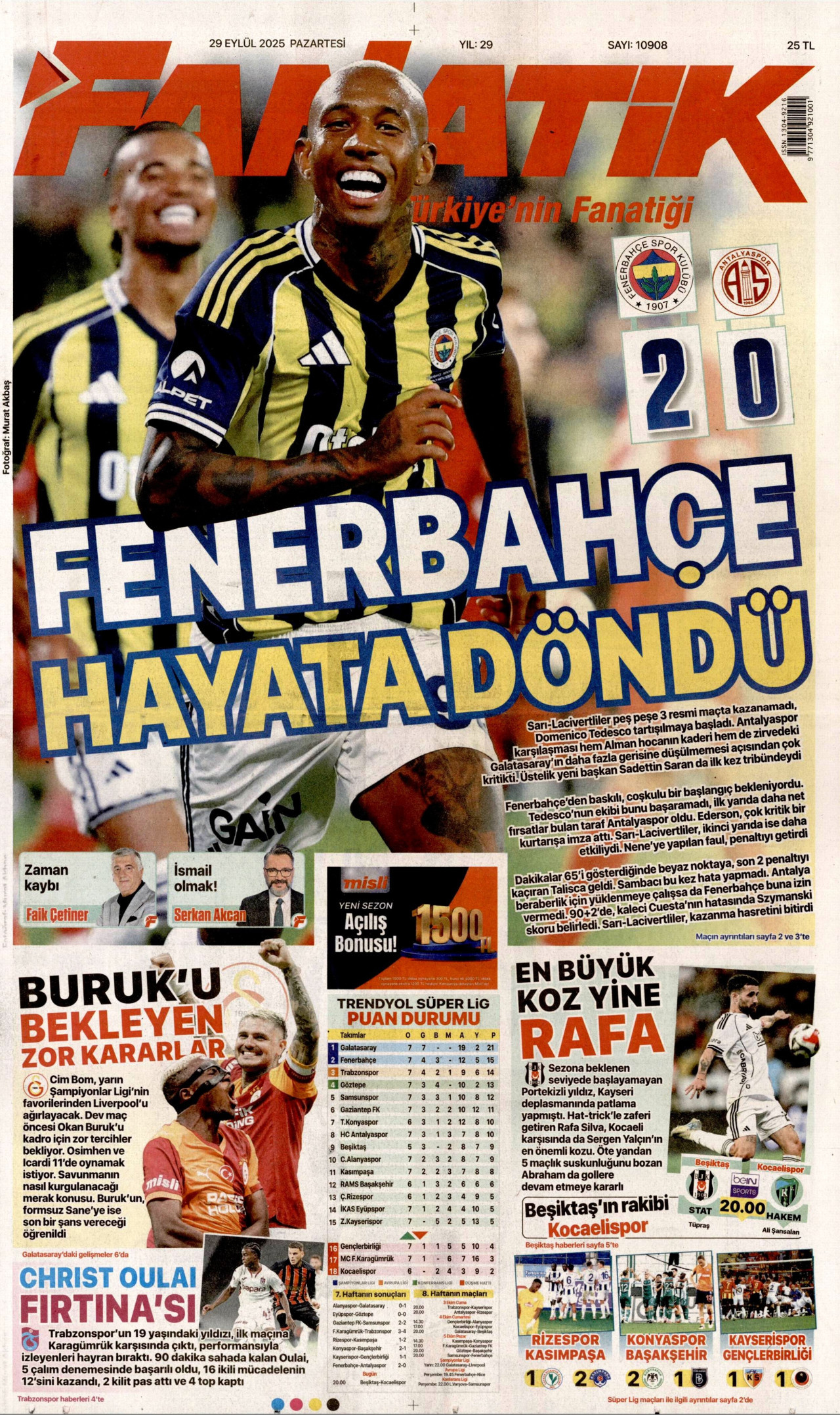 FANATİK gazetesinin 29 Eylül 2025 tarihli birinci sayfası