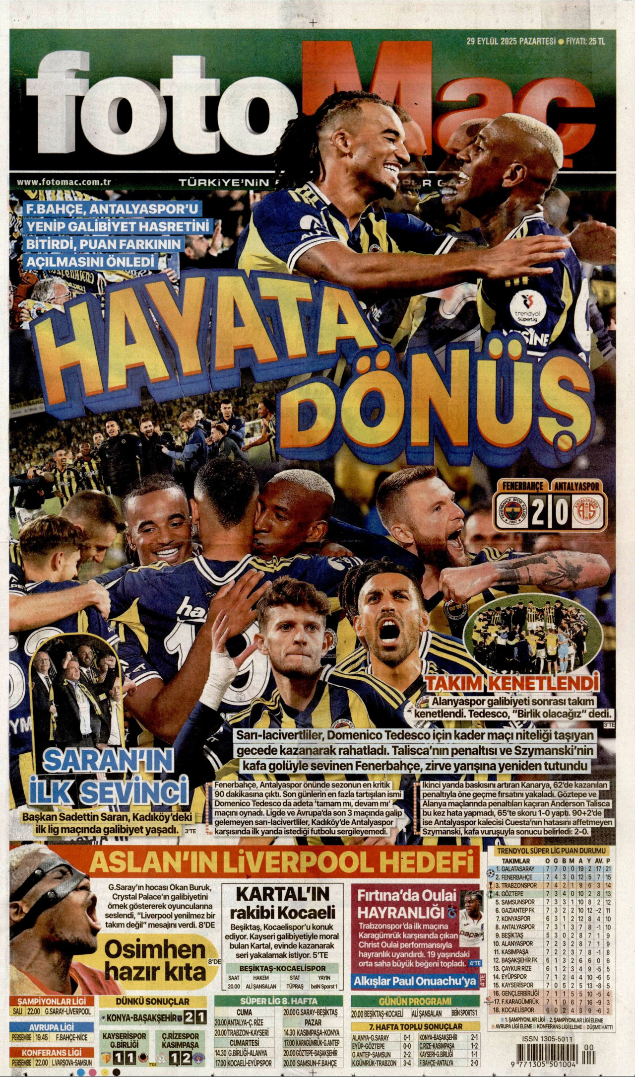 FOTOMAÇ gazetesinin 29 Eylül 2025 tarihli birinci sayfası