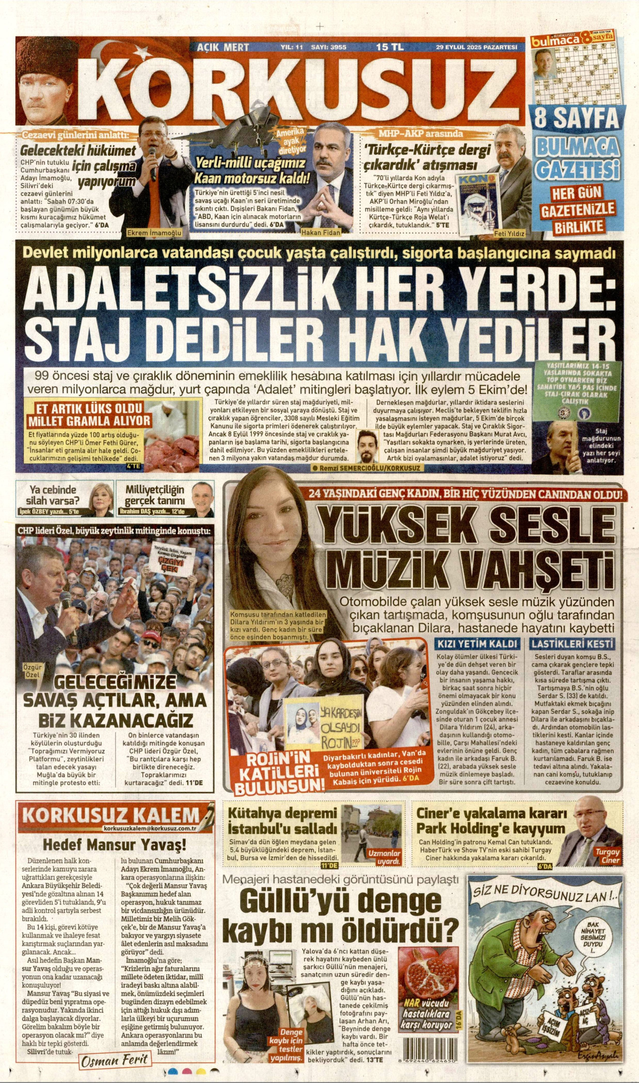 KORKUSUZ gazetesinin 29 Eylül 2025 tarihli birinci sayfası