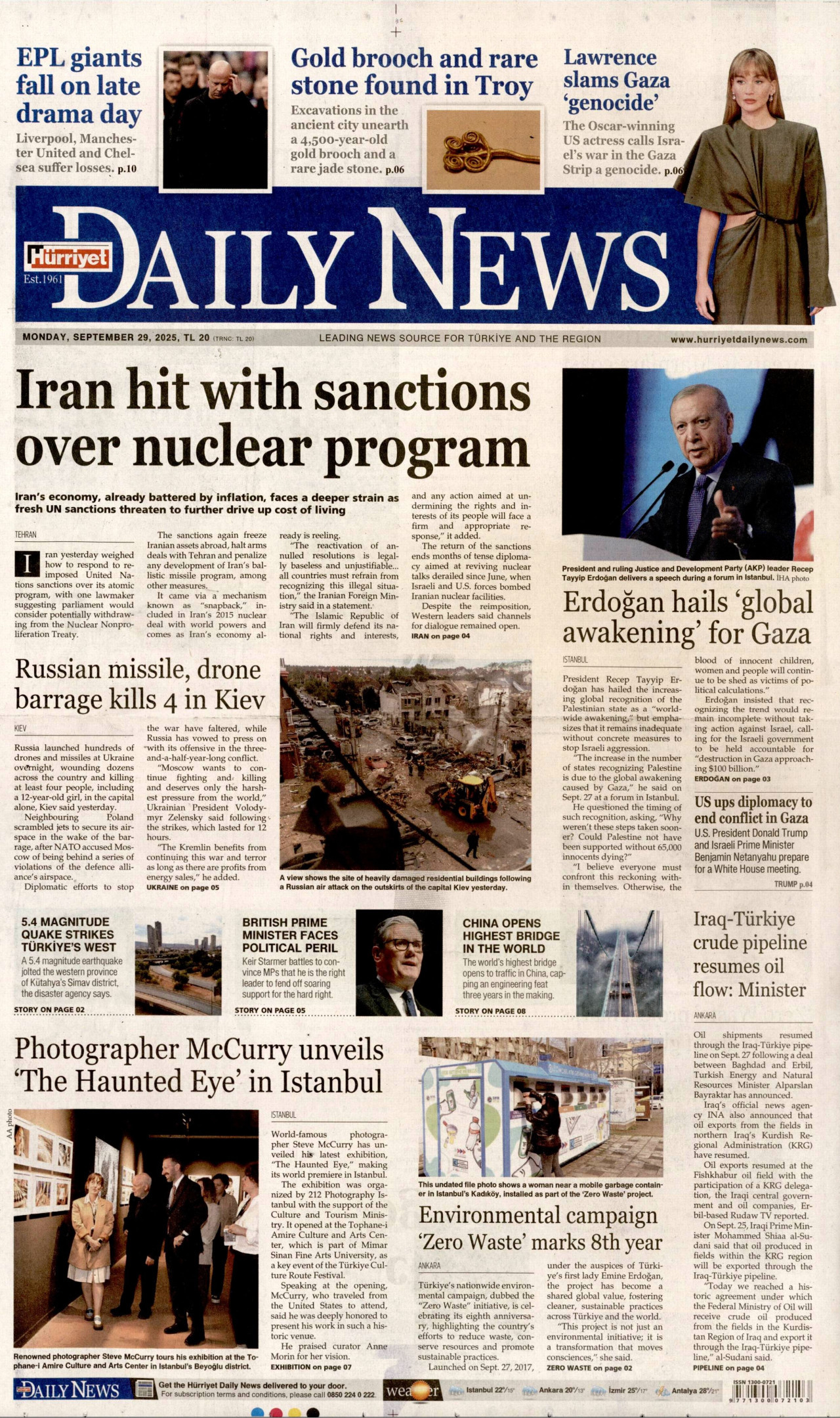 HÜRRİYET DAİLY NEWS gazetesinin 29 Eylül 2025 tarihli birinci sayfası