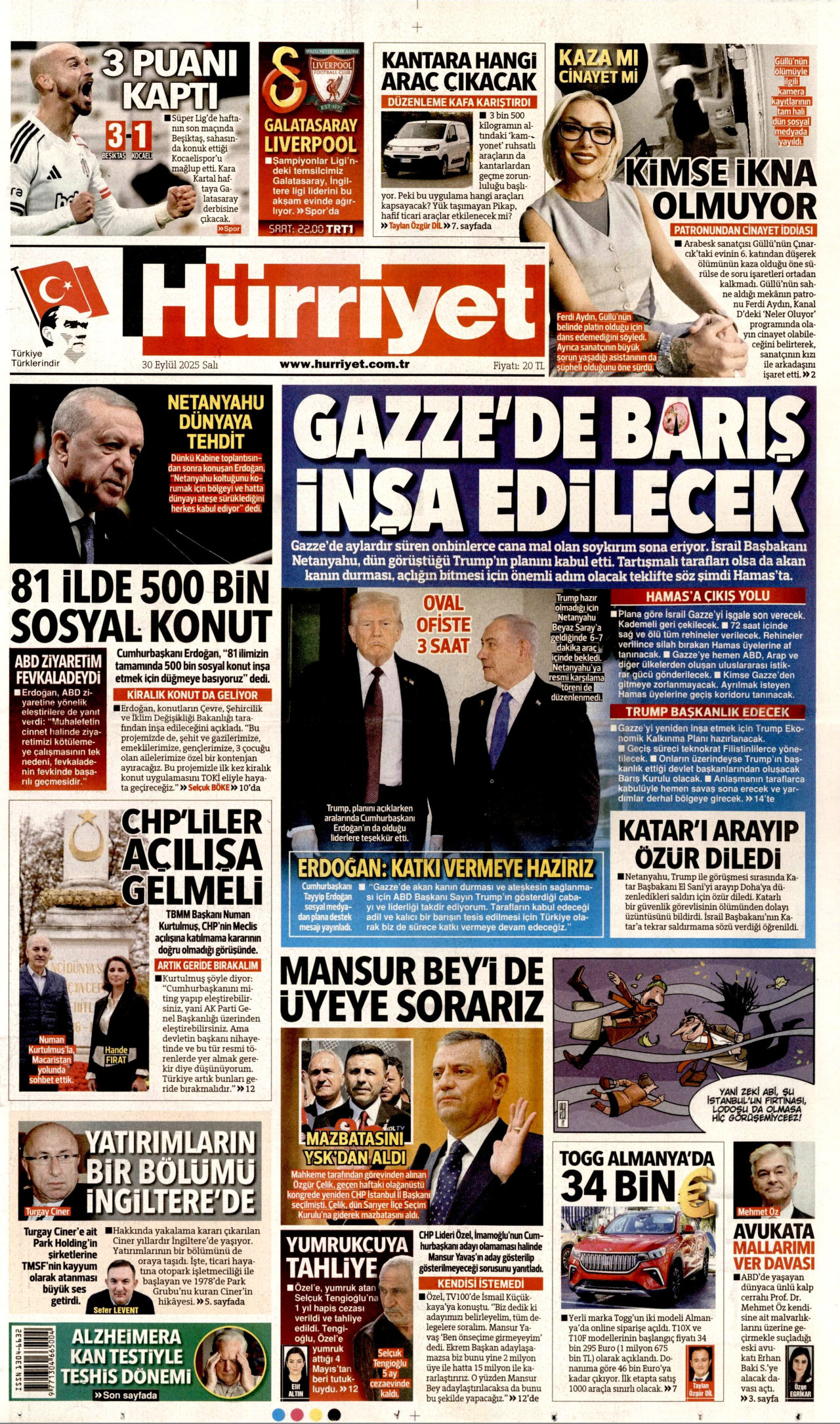 HÜRRİYET gazetesinin 30 Eylül 2025 tarihli birinci sayfası