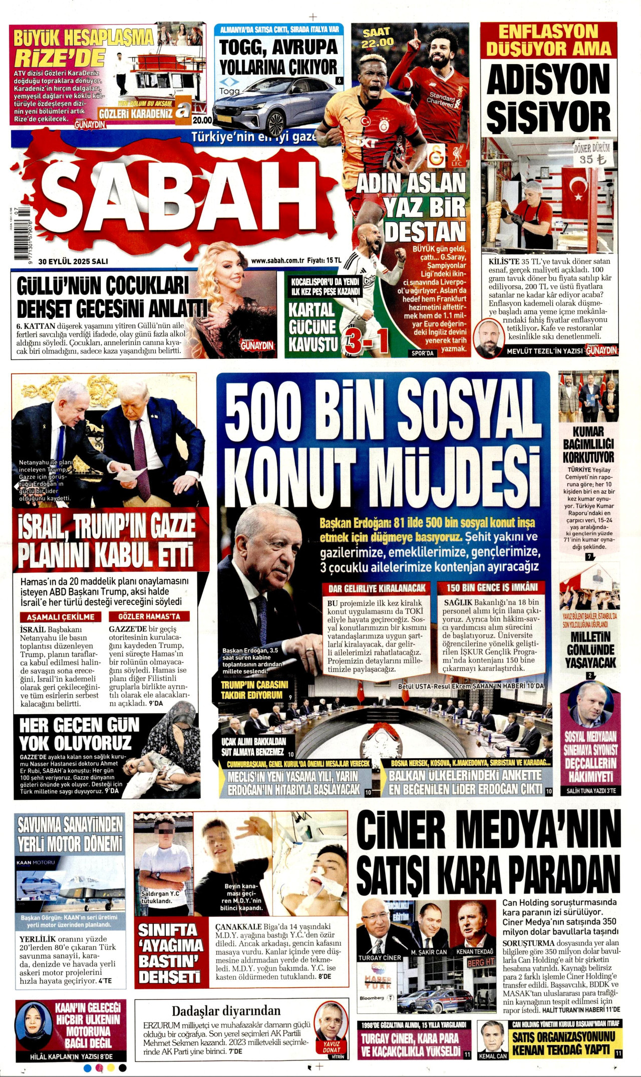 SABAH gazetesinin 30 Eylül 2025 tarihli birinci sayfası