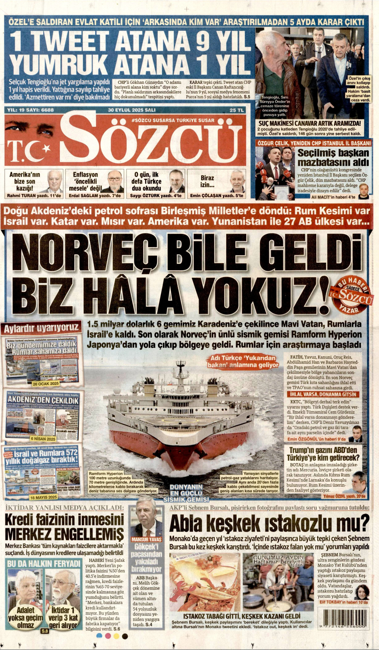 SÖZCÜ gazetesinin 30 Eylül 2025 tarihli birinci sayfası