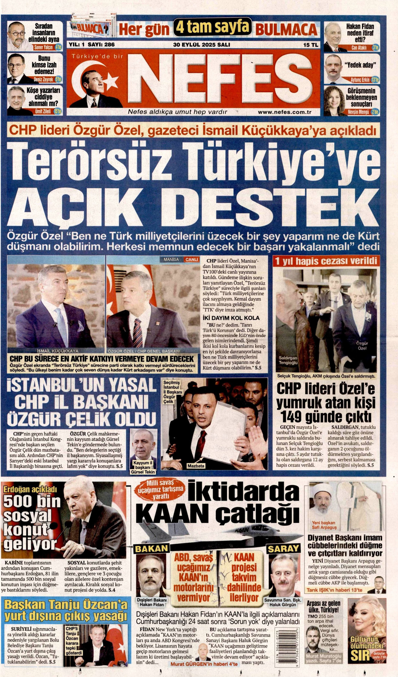 NEFES gazetesinin 30 Eylül 2025 tarihli birinci sayfası