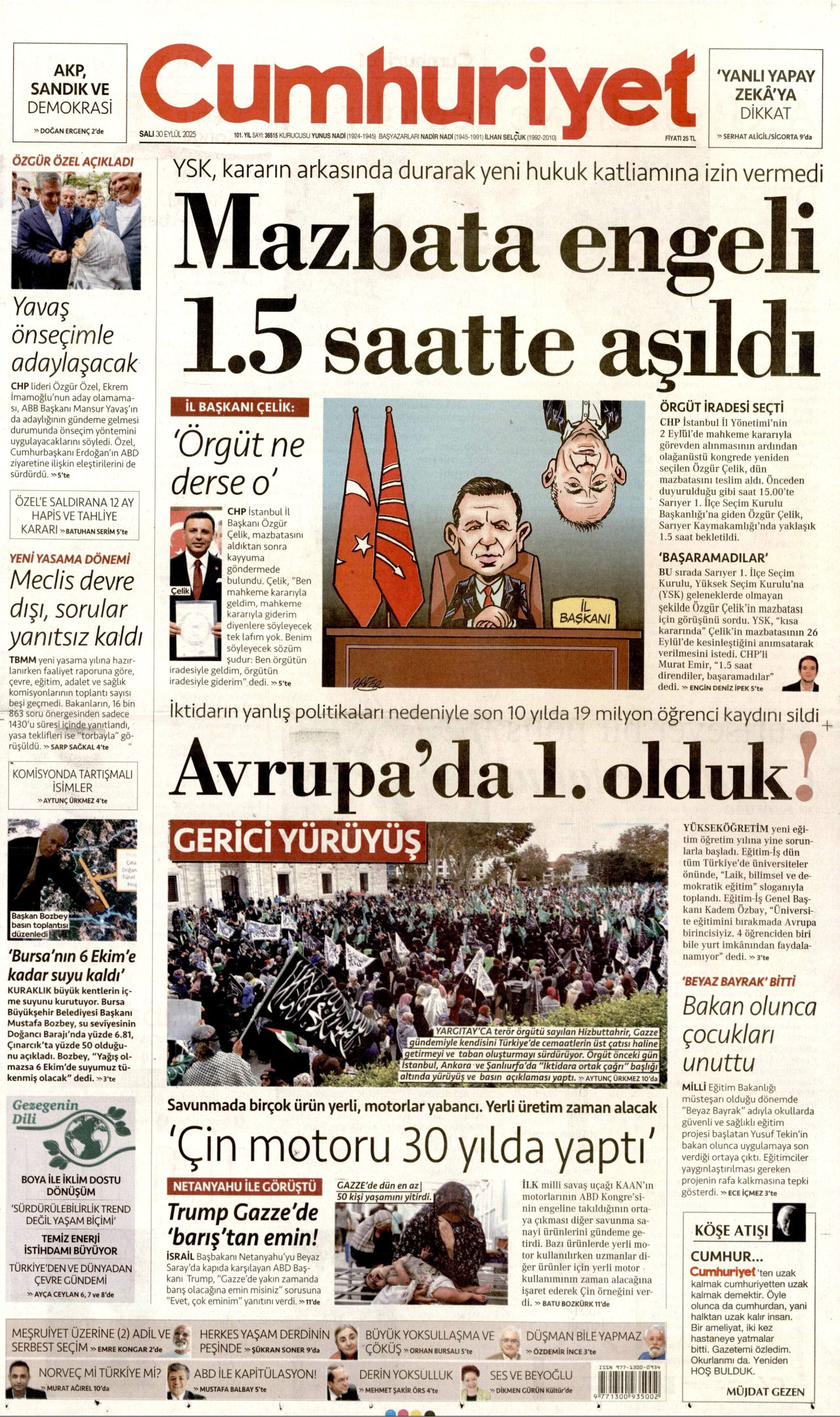 CUMHURİYET gazetesinin 30 Eylül 2025 tarihli birinci sayfası