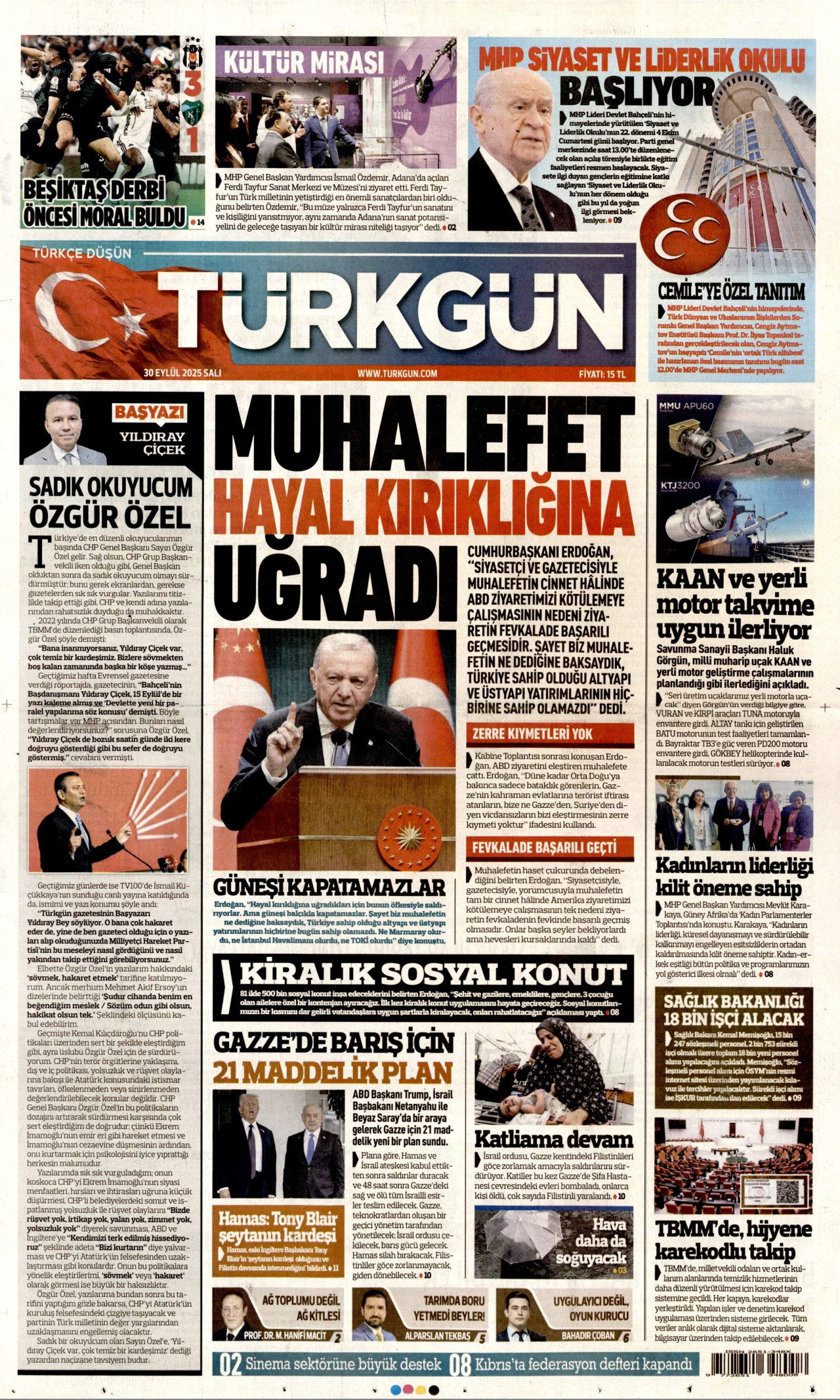 TÜRKGÜN gazetesinin 30 Eylül 2025 tarihli birinci sayfası