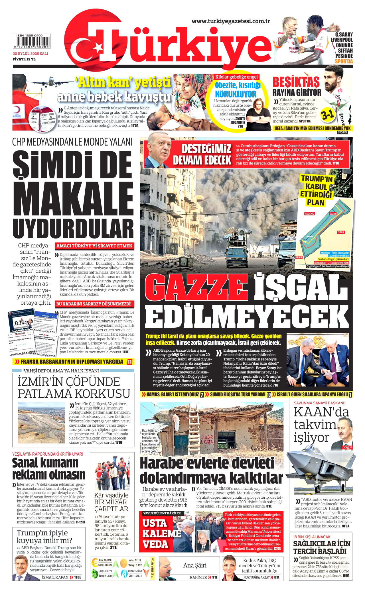 TÜRKİYE GAZETESİ gazetesinin 30 Eylül 2025 tarihli birinci sayfası