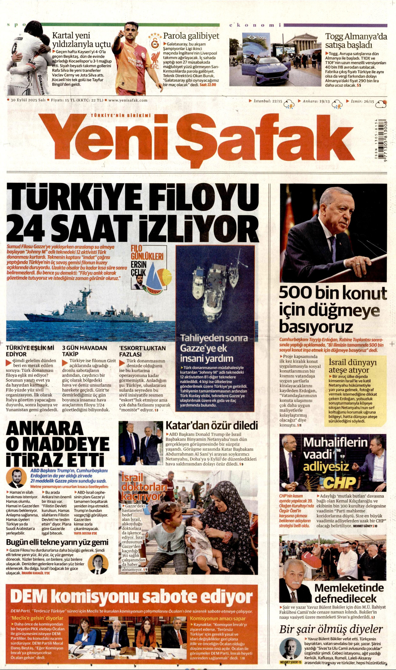YENİ ŞAFAK gazetesinin 30 Eylül 2025 tarihli birinci sayfası