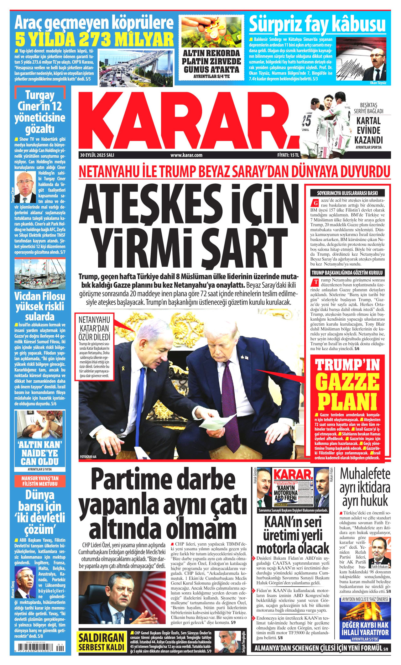 KARAR gazetesinin 30 Eylül 2025 tarihli birinci sayfası