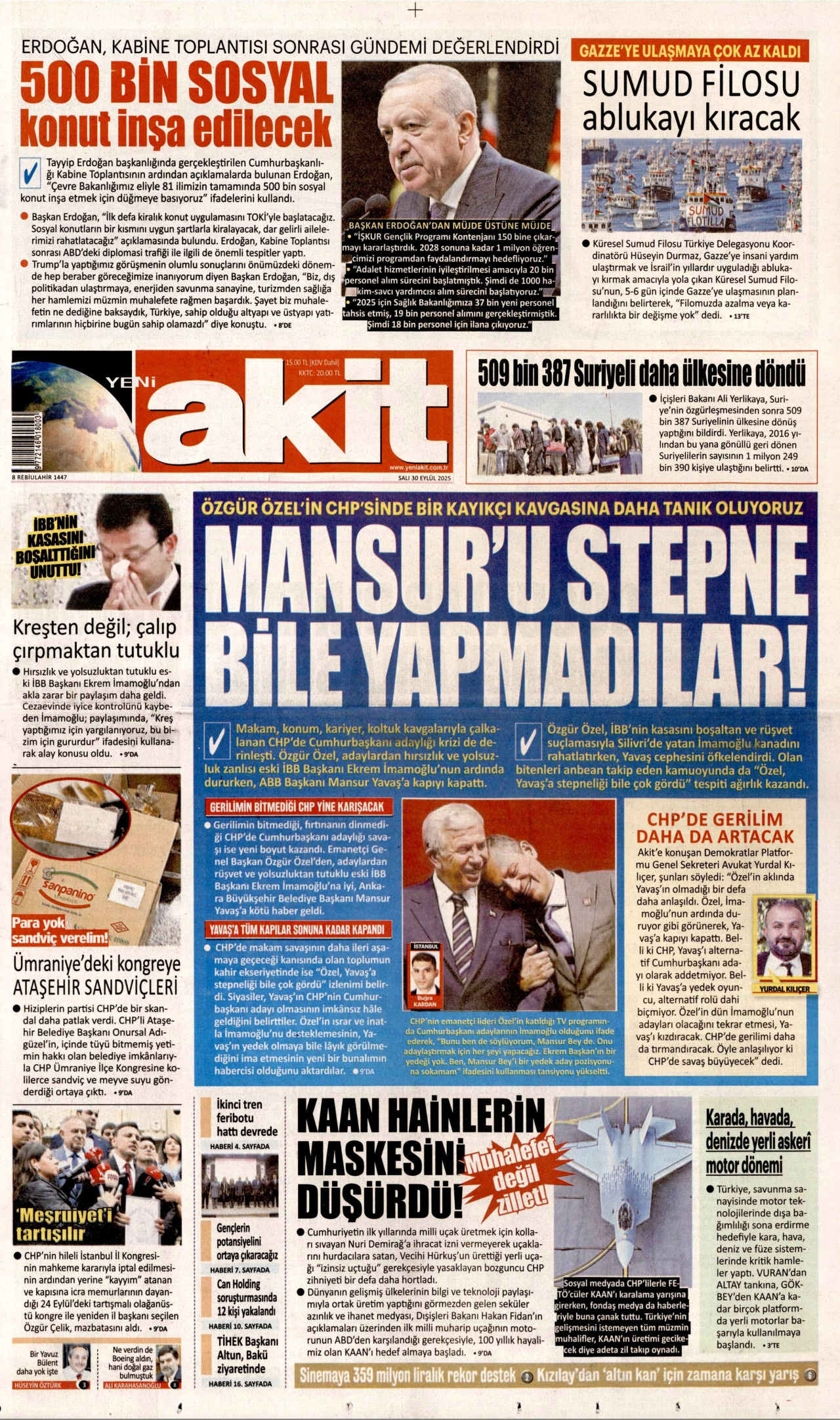 YENİ AKİT gazetesinin 30 Eylül 2025 tarihli birinci sayfası