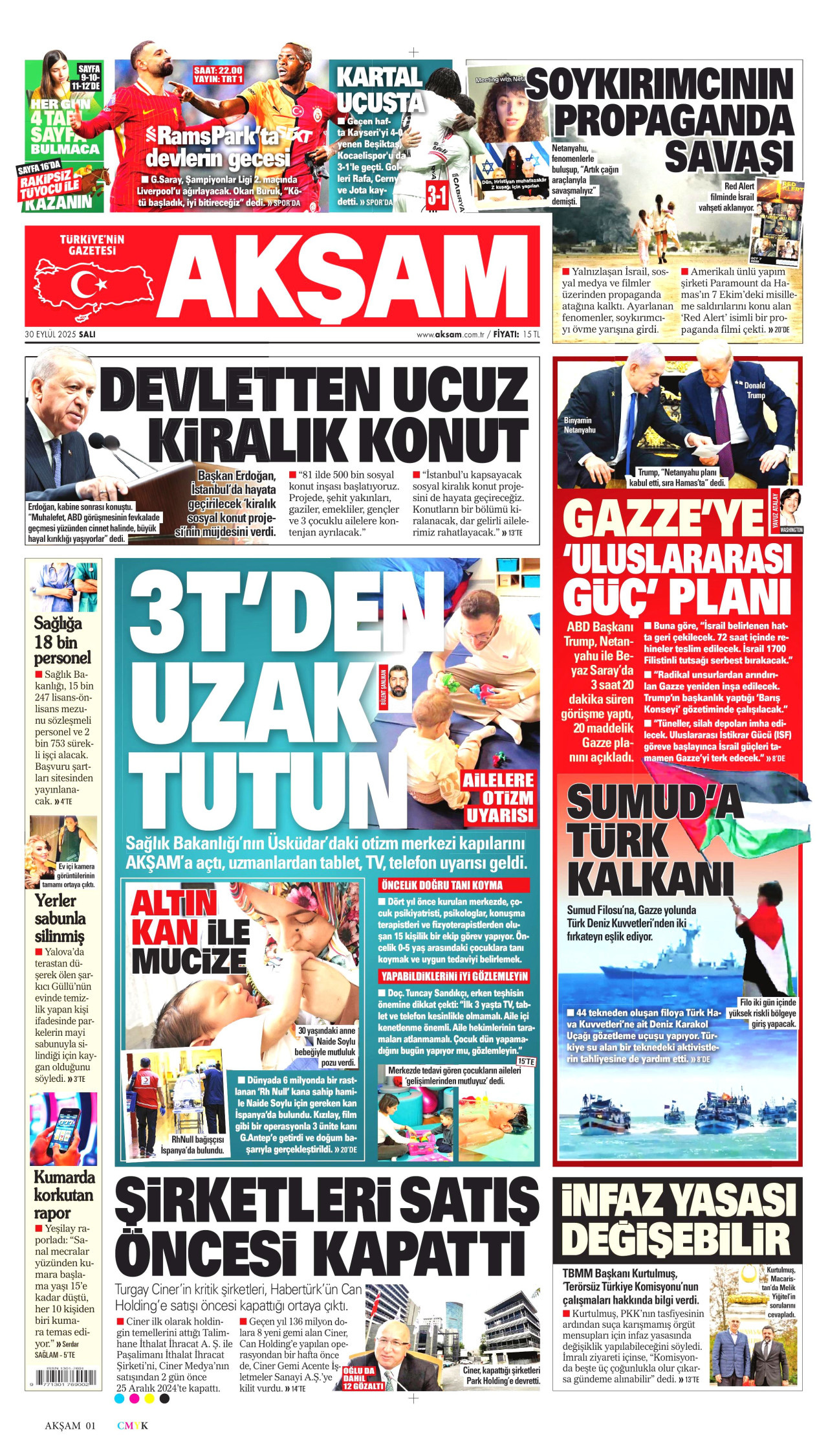AKŞAM gazetesinin 30 Eylül 2025 tarihli birinci sayfası