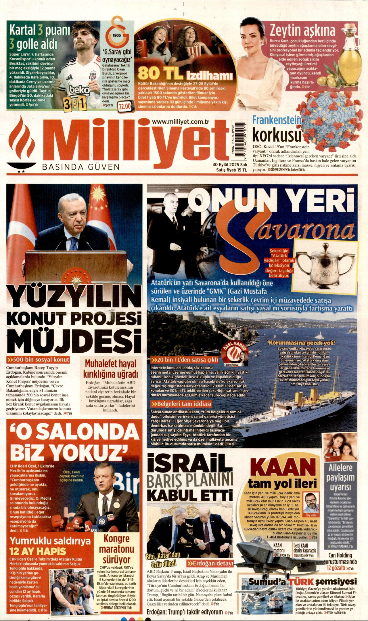 MİLLİYET gazetesinin 30 Eylül 2025 tarihli birinci sayfası
