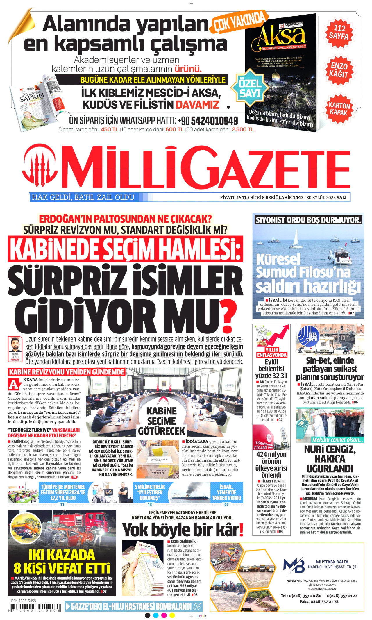 MİLLİ GAZETE gazetesinin 30 Eylül 2025 tarihli birinci sayfası