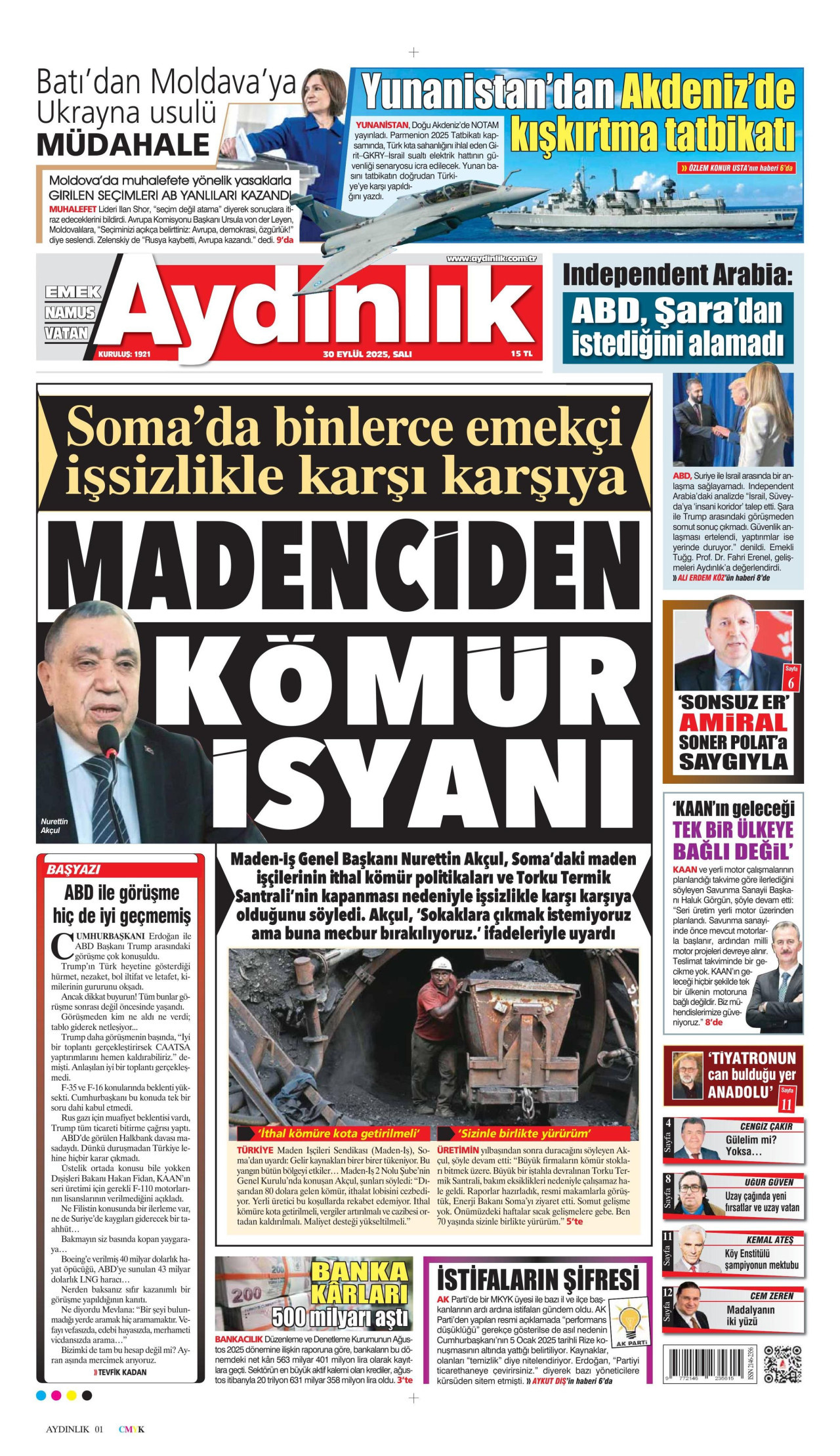AYDINLIK GAZETESİ gazetesinin 30 Eylül 2025 tarihli birinci sayfası