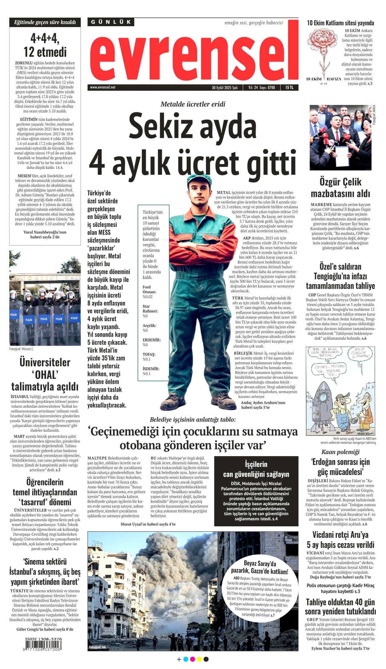 EVRENSEL gazetesinin 30 Eylül 2025 tarihli birinci sayfası
