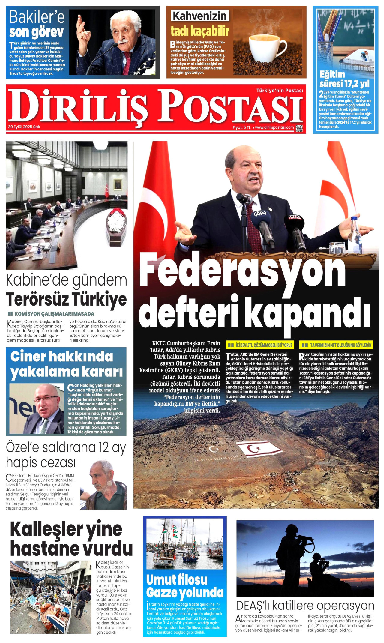 DİRİLİŞ POSTASI gazetesinin 30 Eylül 2025 tarihli birinci sayfası