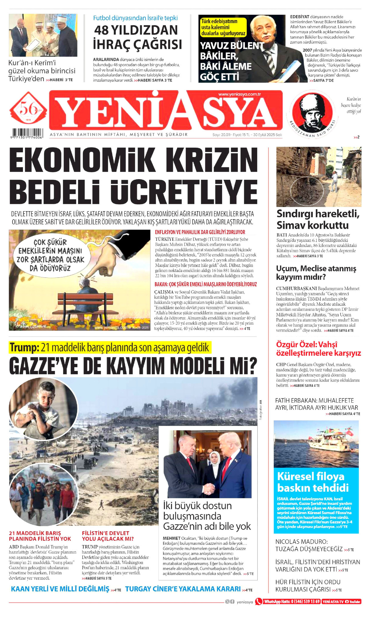 YENİ ASYA gazetesinin 30 Eylül 2025 tarihli birinci sayfası