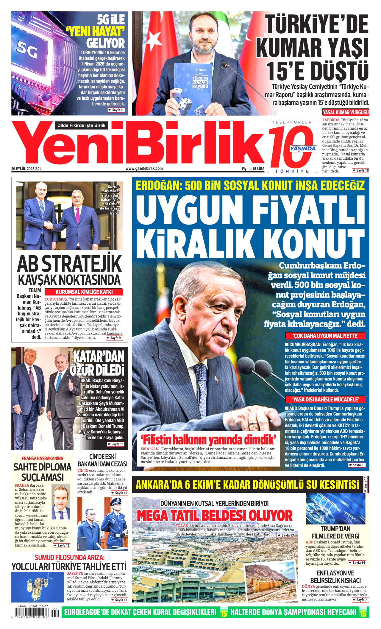 YENİBİRLİK gazetesinin 30 Eylül 2025 tarihli birinci sayfası
