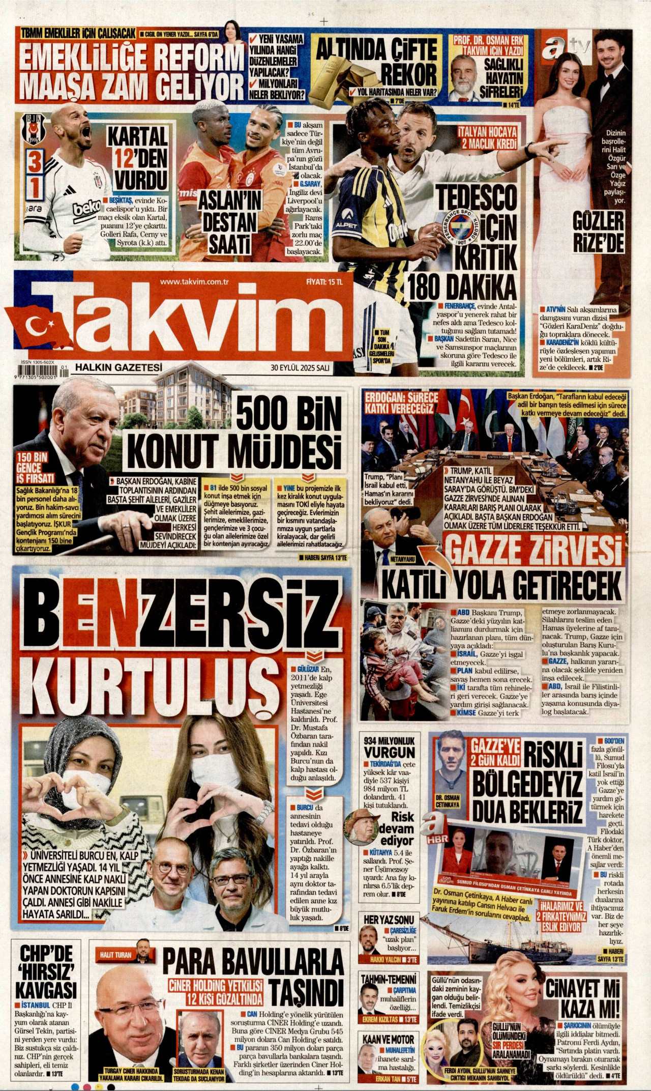 TAKVİM gazetesinin 30 Eylül 2025 tarihli birinci sayfası