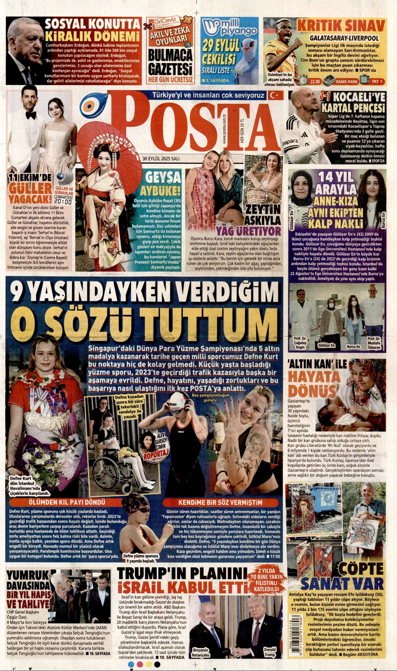 POSTA gazetesinin 30 Eylül 2025 tarihli birinci sayfası