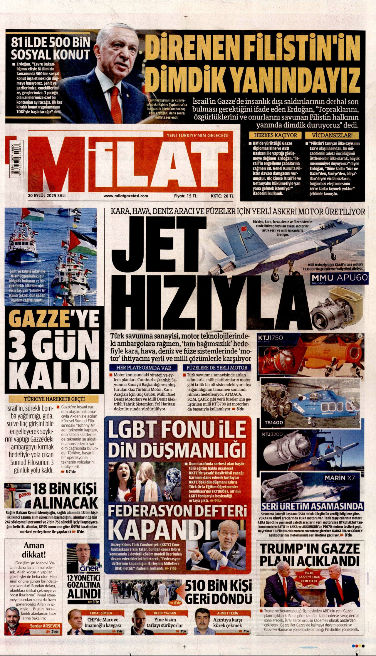 MİLAT gazetesinin 30 Eylül 2025 tarihli birinci sayfası