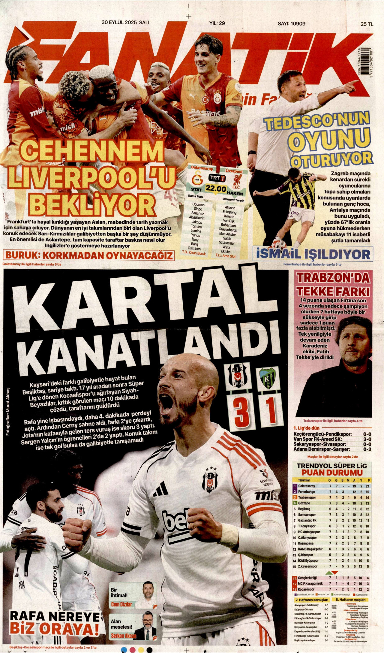 FANATİK gazetesinin 30 Eylül 2025 tarihli birinci sayfası